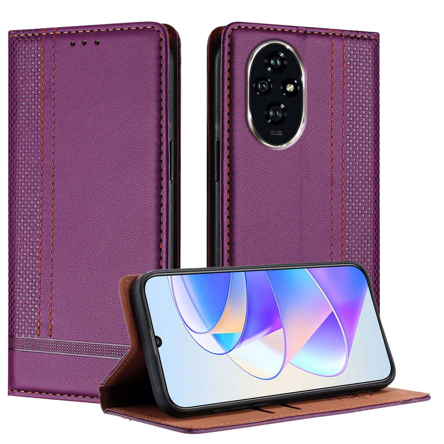 For Honor 200 Pro 5G Case L-Shaped Grid Pattern Leather Stand Phone Cover with Card Slots - Purple