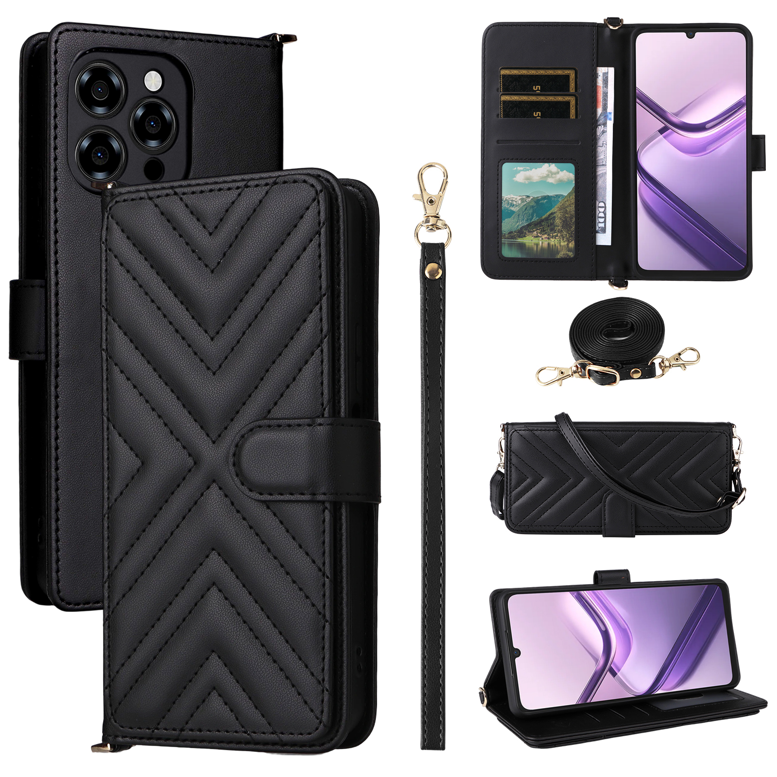 For Doogee Note 58 Pro  /  Note 58 Wallet Case with Shoulder  /  Wrist Strap Leather Phone Cover Stand - Black