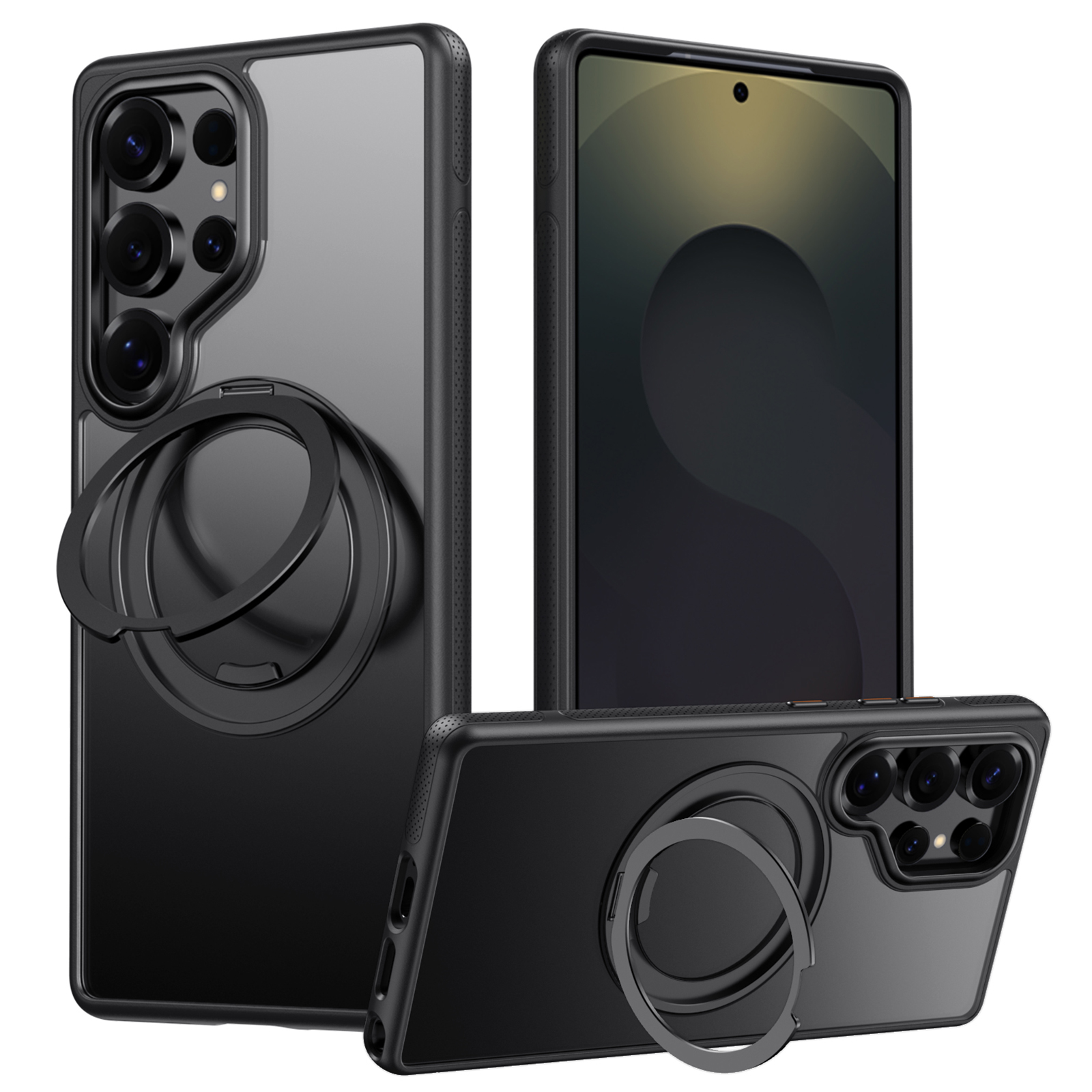 For Samsung Galaxy S25 Ultra Magnetic Case Rotating Gear Pivot Kickstand PC + TPU Phone Back Cover - Matte Black