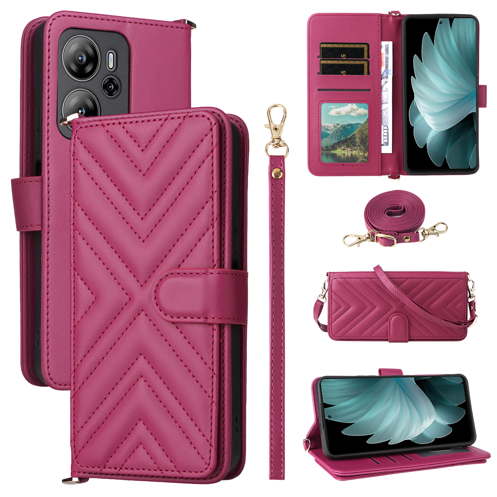 For Blackview Oscal Tiger 13 Wallet Case with Shoulder  /  Wrist Strap Leather Phone Cover Stand - Rose
