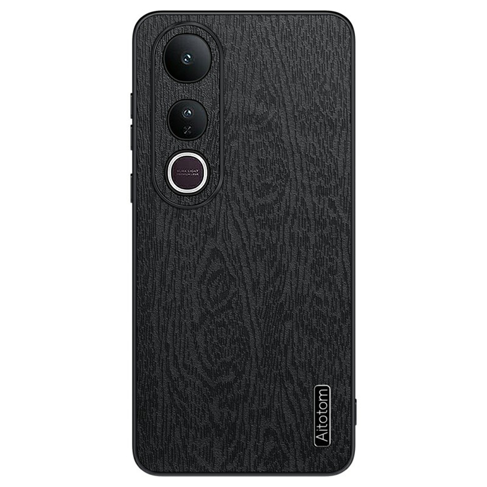 For vivo V50 Lite 4G Case Wood Texture PU Leather Coated PC TPU Phone Cover - Black