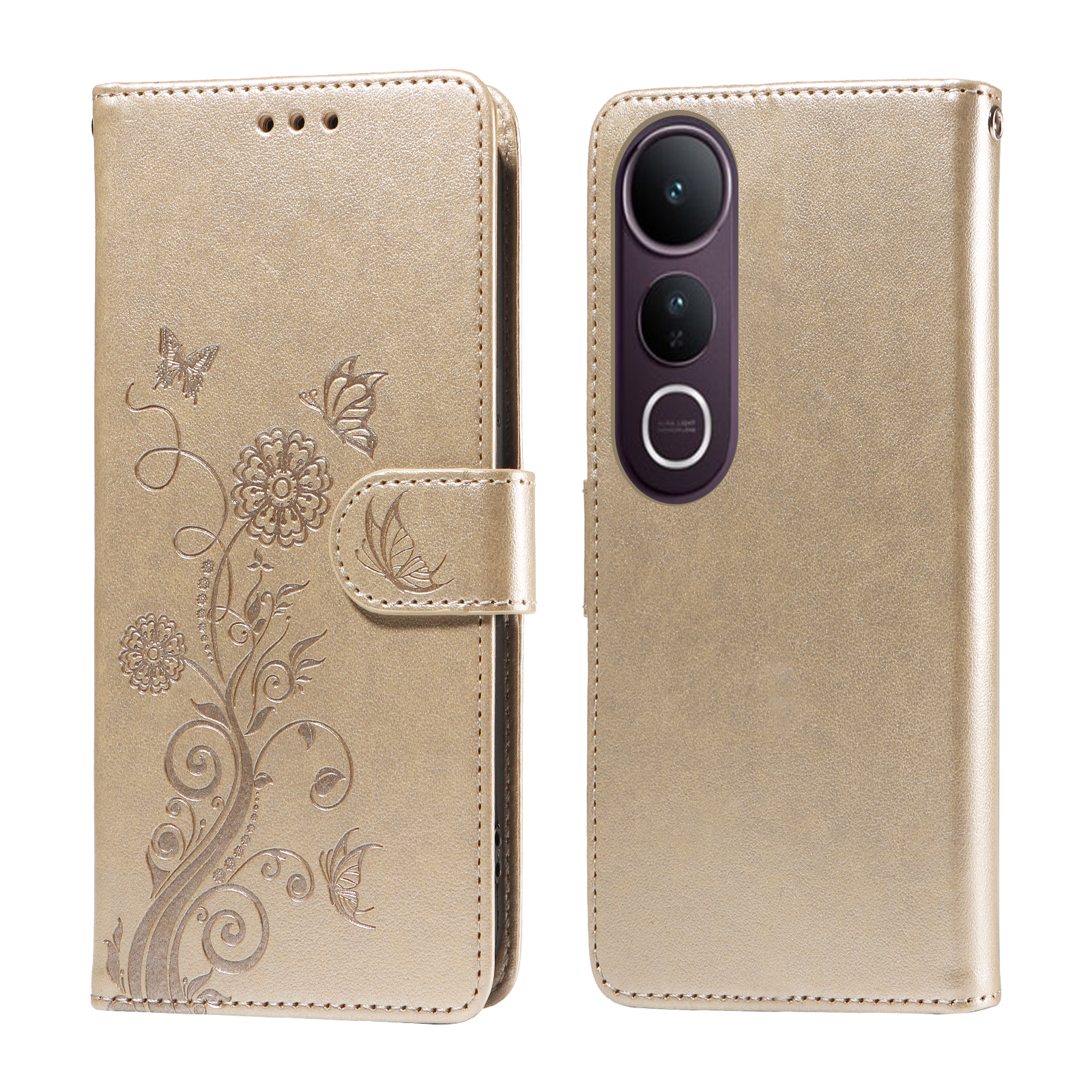 For vivo V50 Lite 5G Leather Case Butterfly Floral Imprint Wallet Stand Cover - Golden