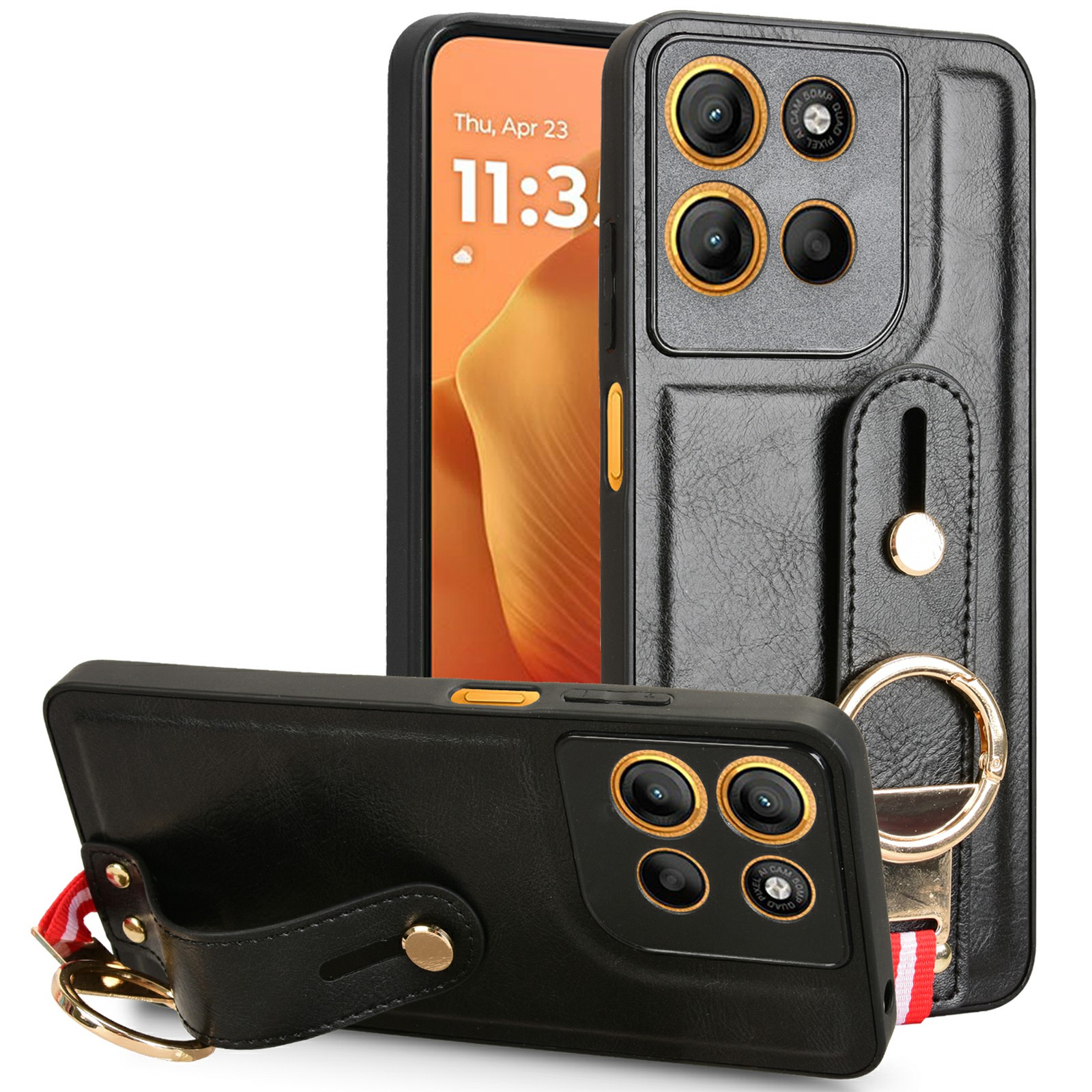 For Motorola Moto G17 Power 4G / G17 4G / G15 4G / G15 Power 4G Case Wristband Kickstand Leather + PC + TPU Phone Cover with Bottle Opener - Black