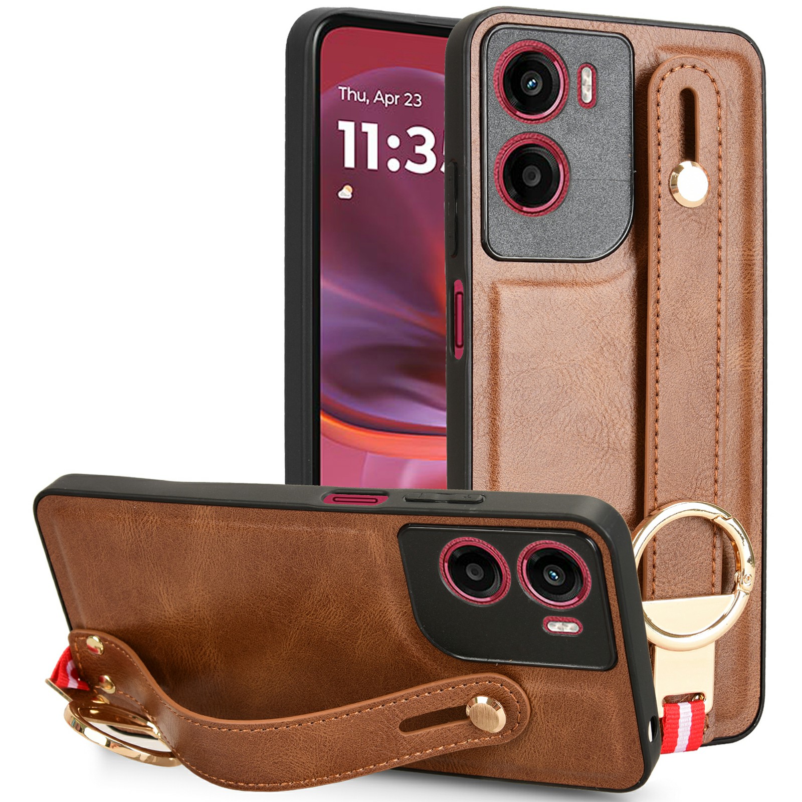 For Motorola Moto G05 4G / E15 4G Case Wristband Kickstand Leather + PC + TPU Phone Cover with Bottle Opener - Brown
