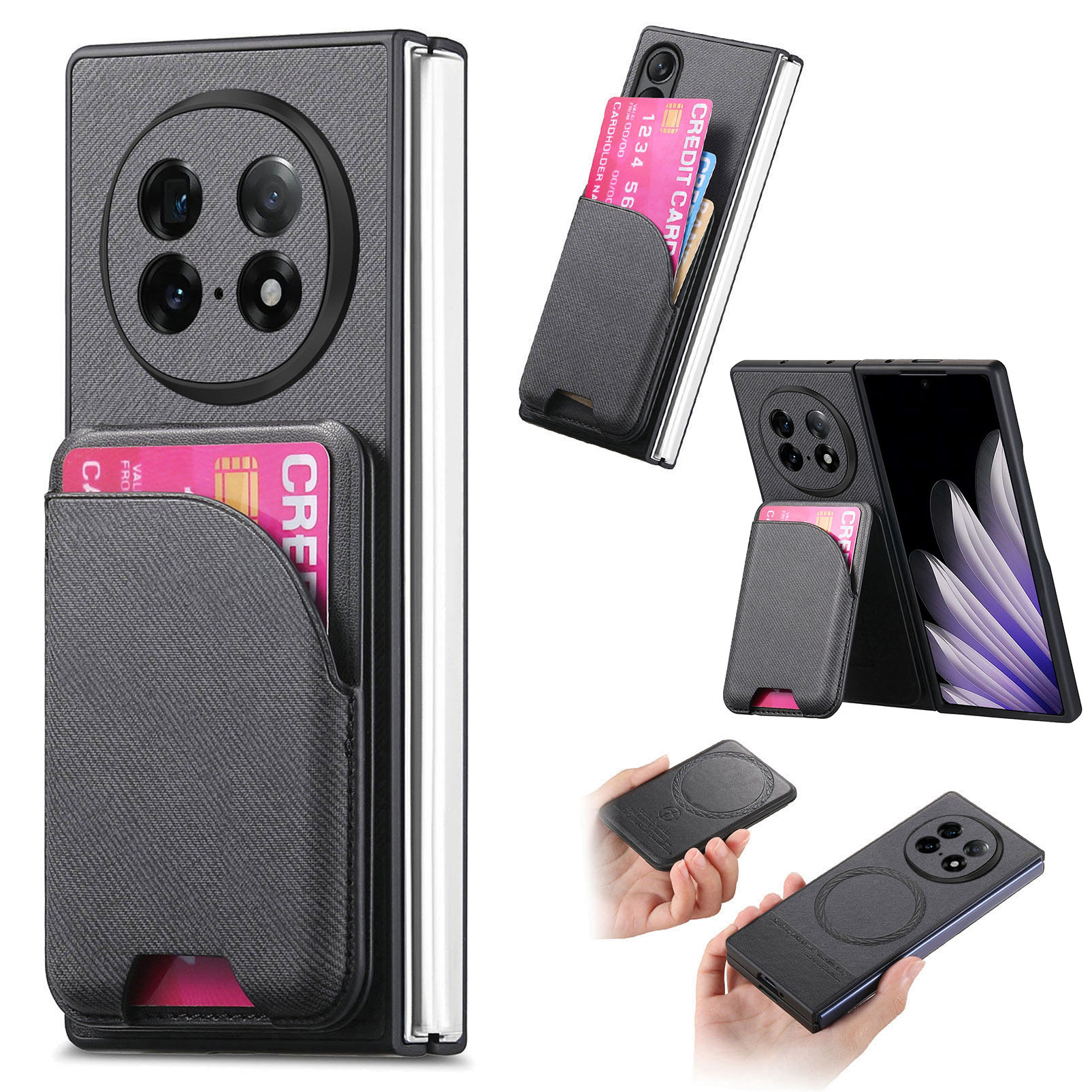 For Oppo Find N5 5G Magnetic Case Kickstand Denim Texture Leather Back Cover with Detachable Card Bag - Black