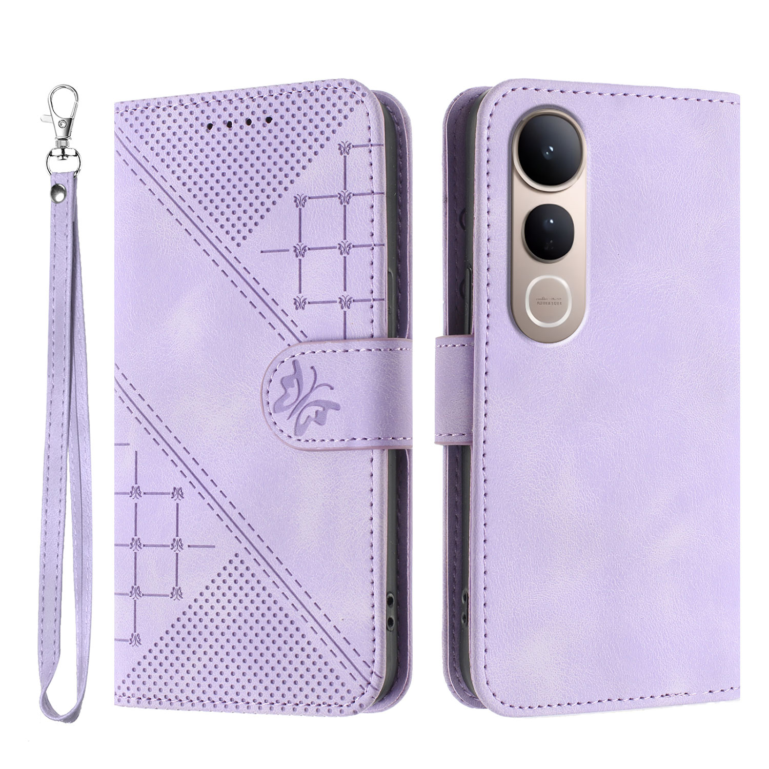 For vivo V50 Lite 4G / vivo V50 Lite 5G Leather Wallet Case Butterfly Flower Imprinted Phone Cover with Strap - Purple