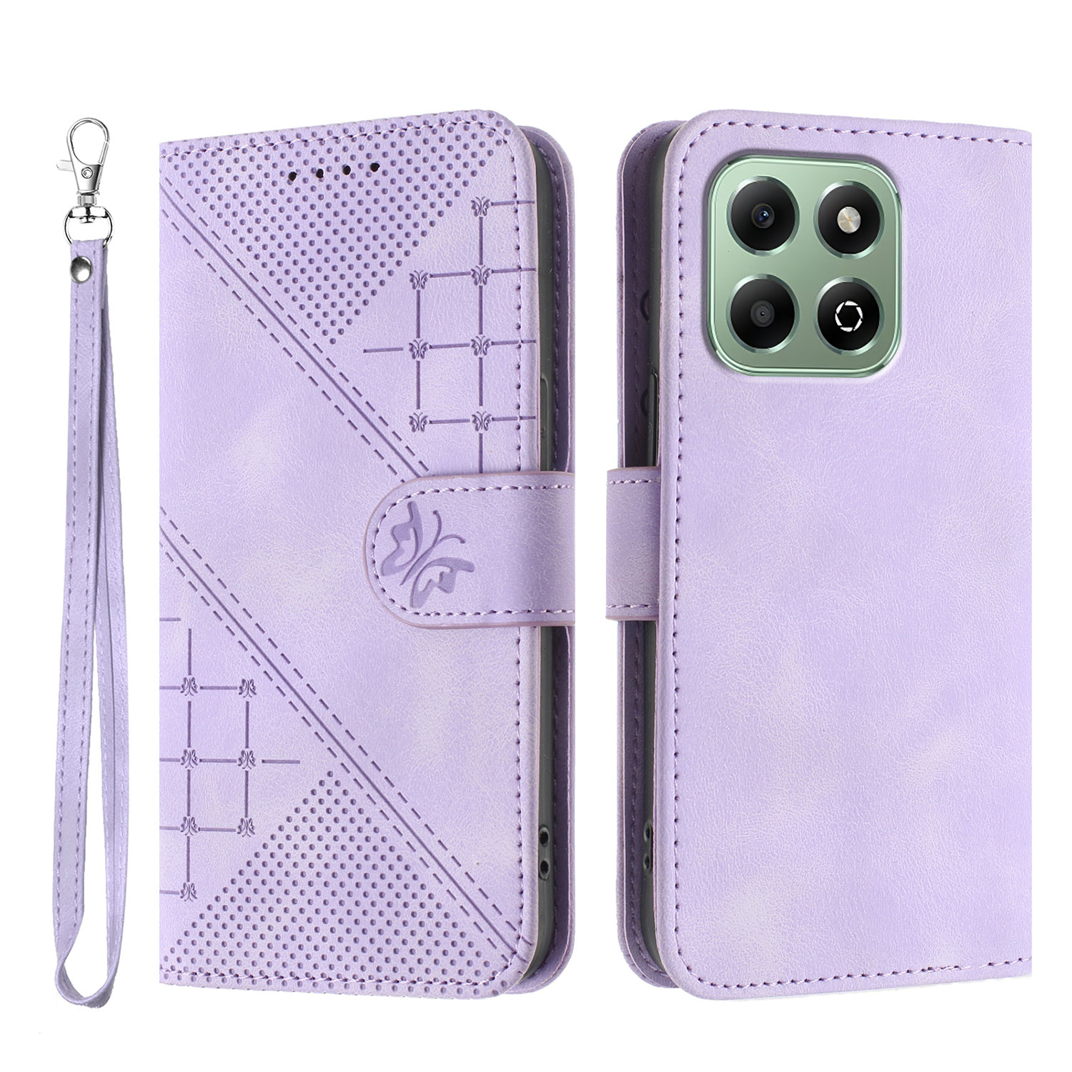 For Honor X6a 4G / Honor X6b 4G Leather Wallet Case Butterfly Flower Imprinted Phone Cover with Strap - Purple