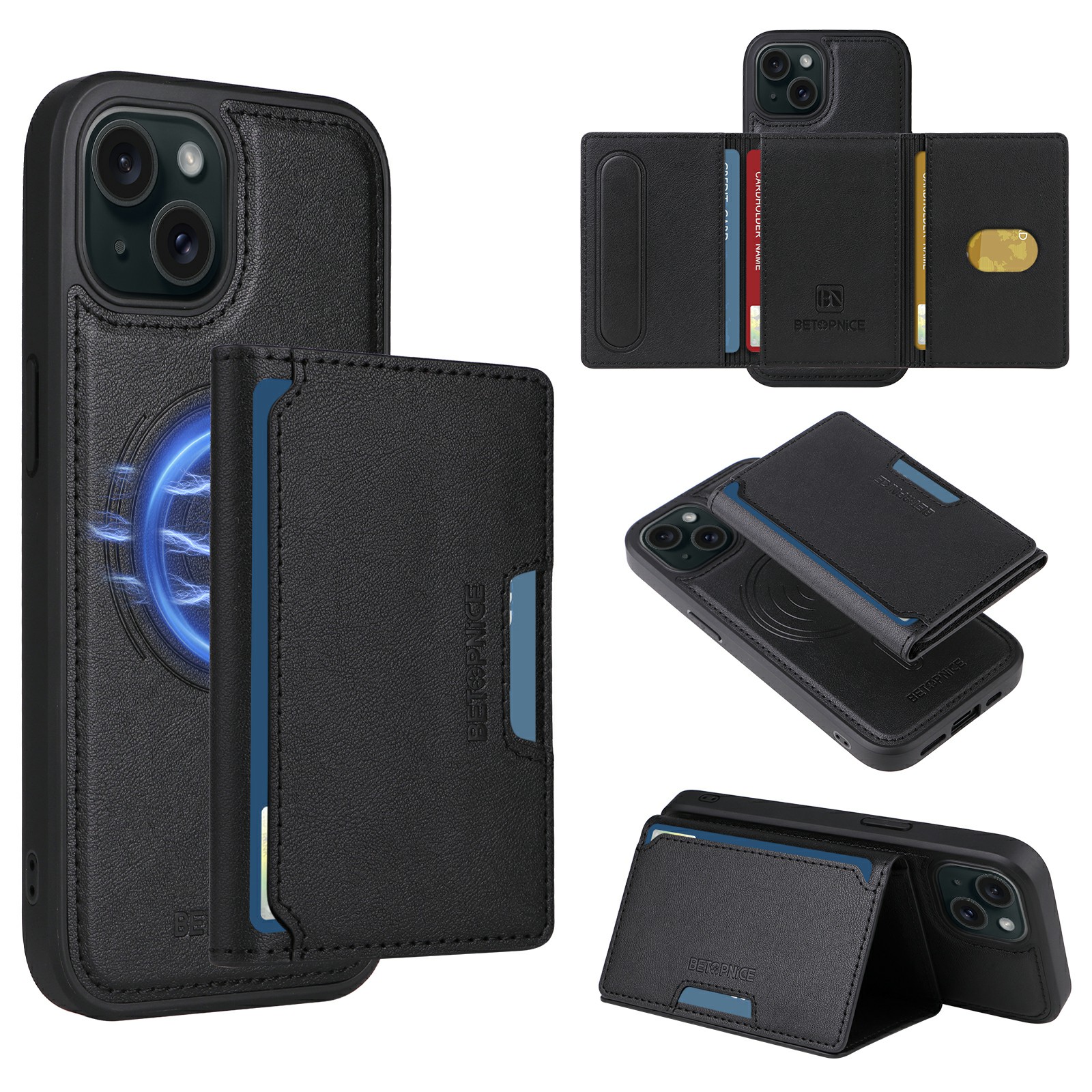 For iPhone 15 Magnetic Case BETOPNICE Leather Phone Cover Kickstand with Detachable Card Bag  - Black