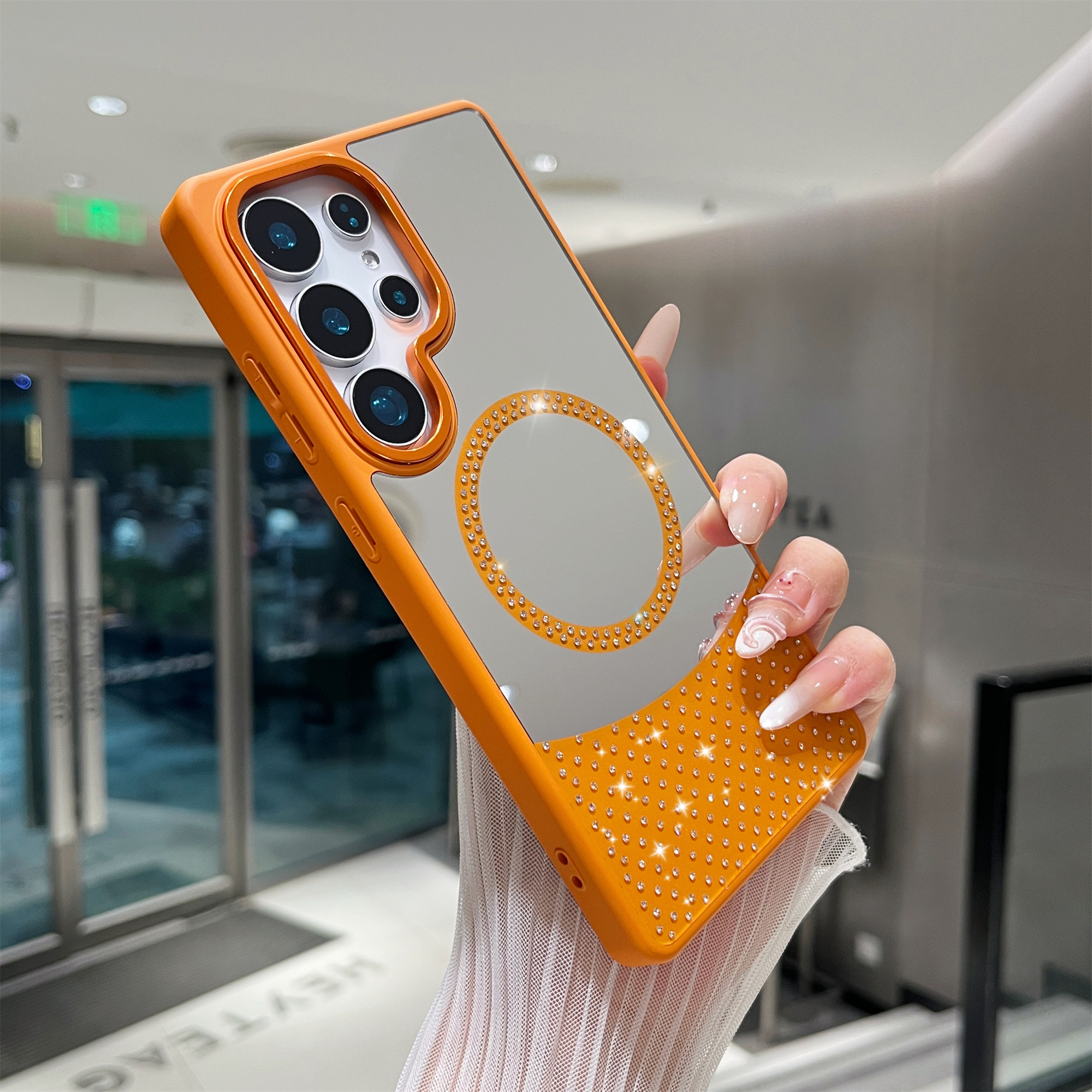 For Samsung Galaxy S24 Ultra Magnetic Case Mirror Surface TPU + PC Shockproof Phone Cover - Orange