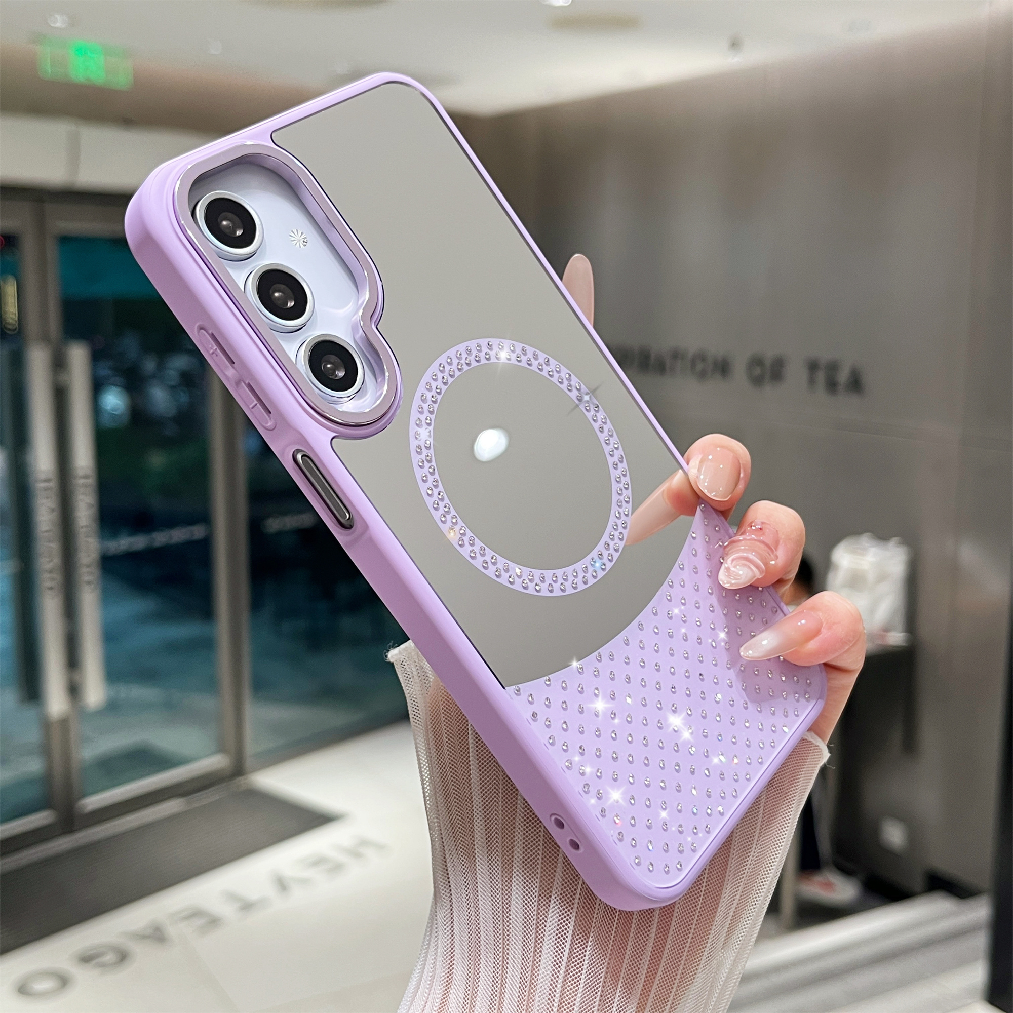 For Samsung Galaxy A55 5G Magnetic Case Mirror Surface TPU + PC Shockproof Phone Cover - Purple