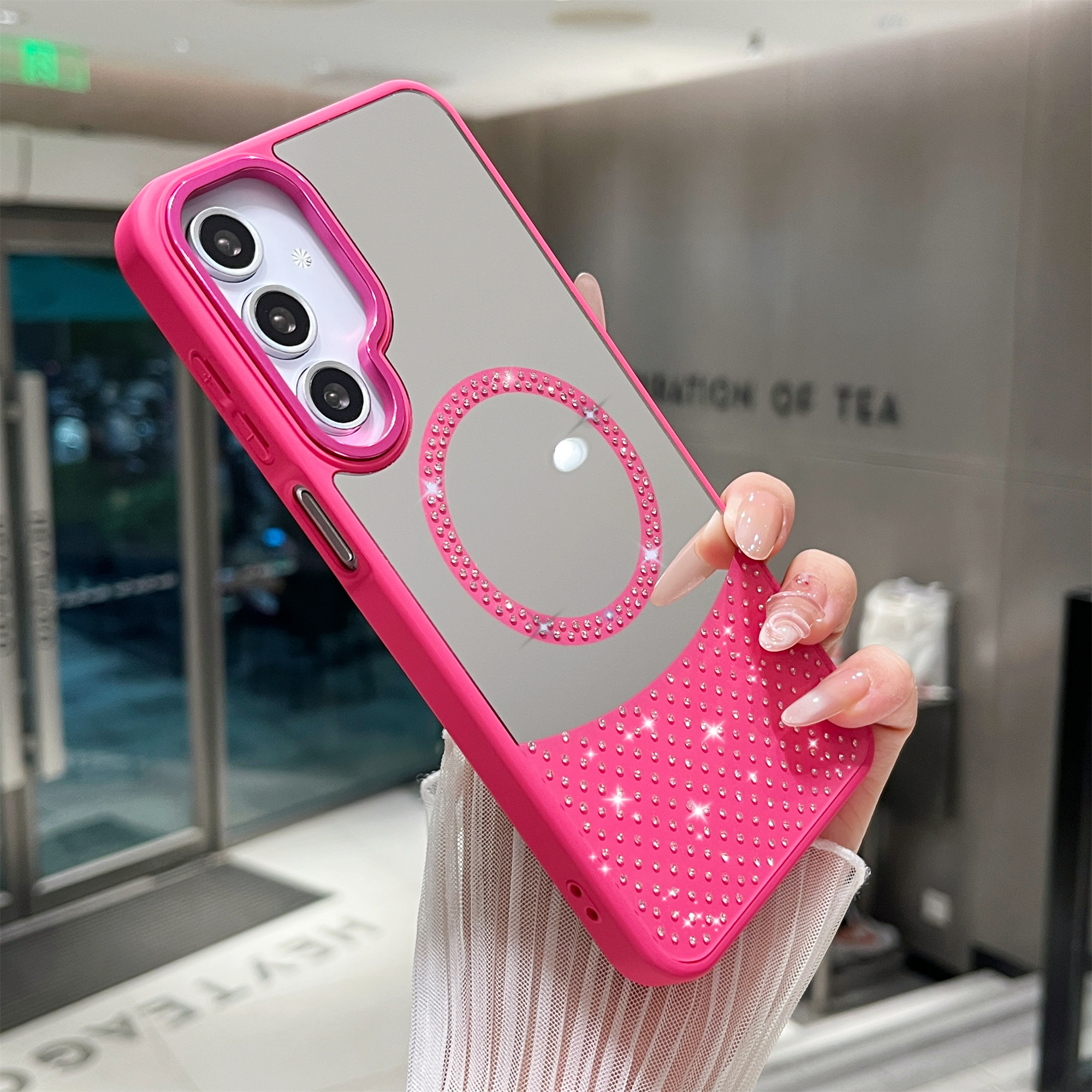 For Samsung Galaxy A25 5G (Global) (161.0 x 76.5 x 8.3mm) Magnetic Case Mirror Surface TPU + PC Shockproof Phone Cover - Rose