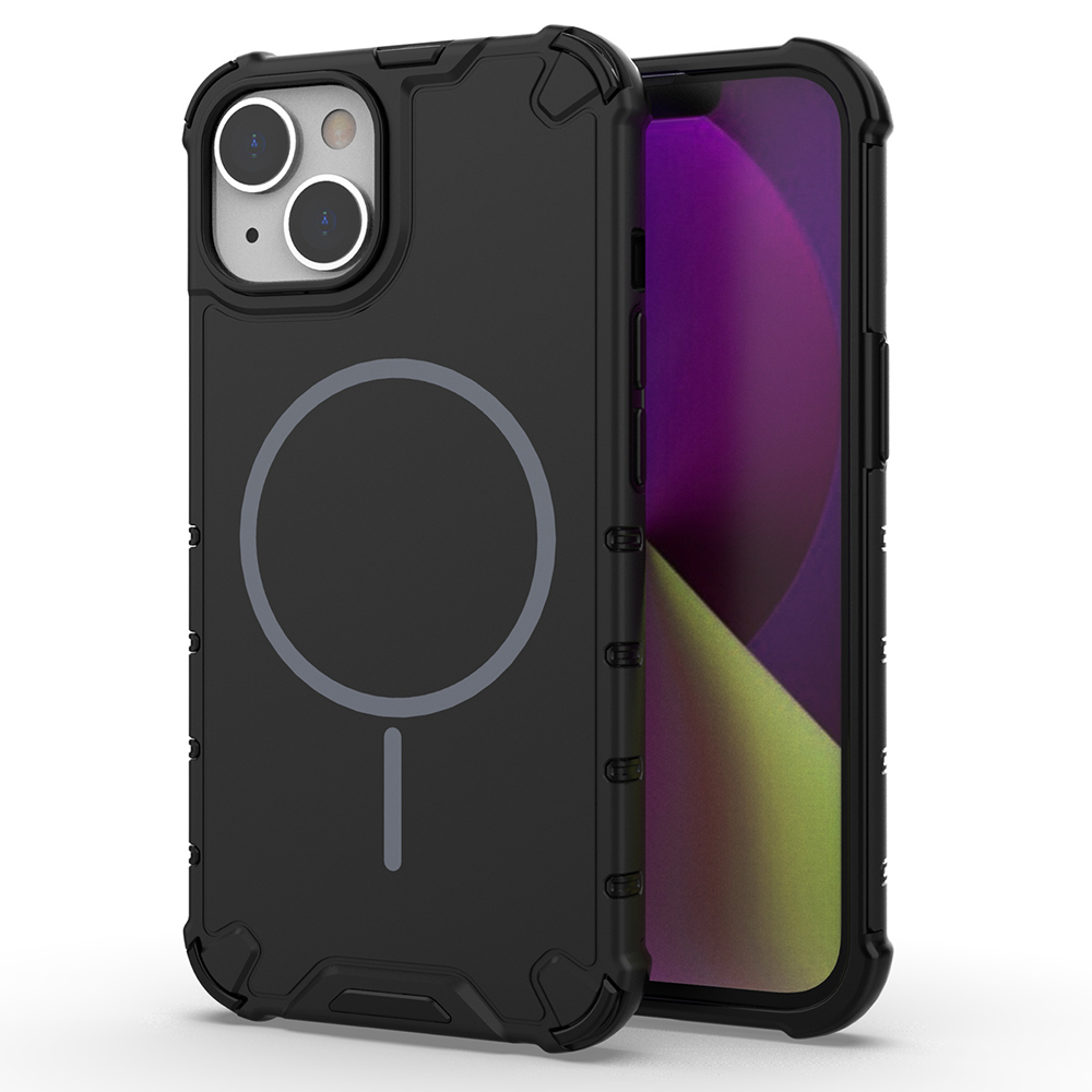 For iPhone 13 Magnetic Case Corrugated Texture Heat Dissipation Shockproof TPU + PC Phone Back Cover - Black