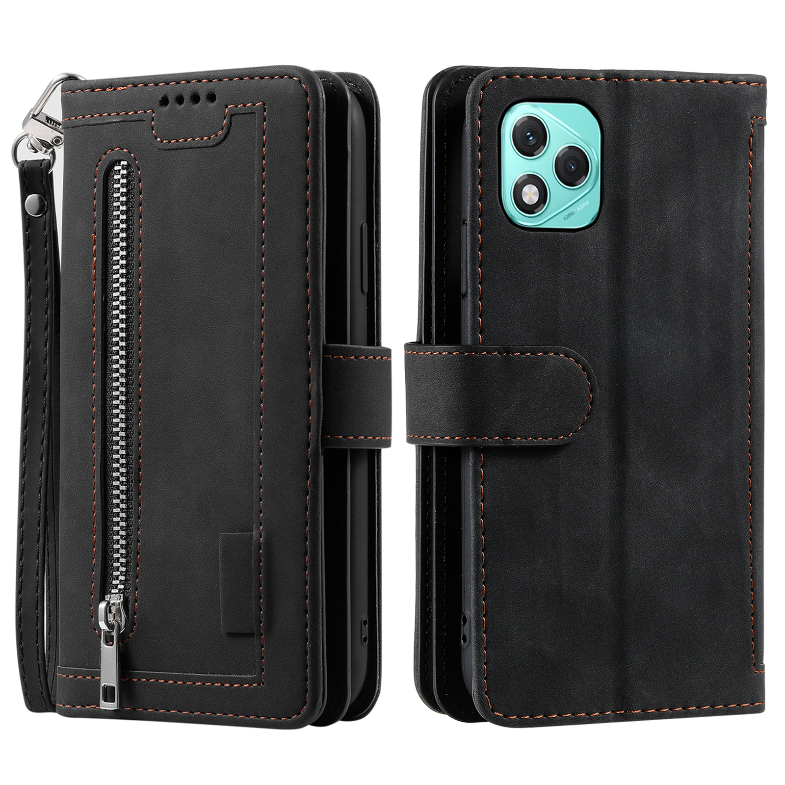 For Honor 400 Lite 5G Case PU Leather Phone Cover with Zipper Wallet 9 Card Slots - Black