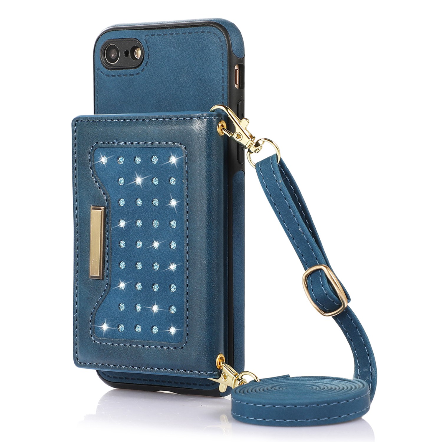 

For iPhone 7 / 8 4.7 inch / SE (2020) / SE (2022) Rhinestone Wallet RFID Blocking Phone Cover Kickstand Leather Coated TPU Case with Shoulder Strap - Blue, iPhone 7 4.7 inch