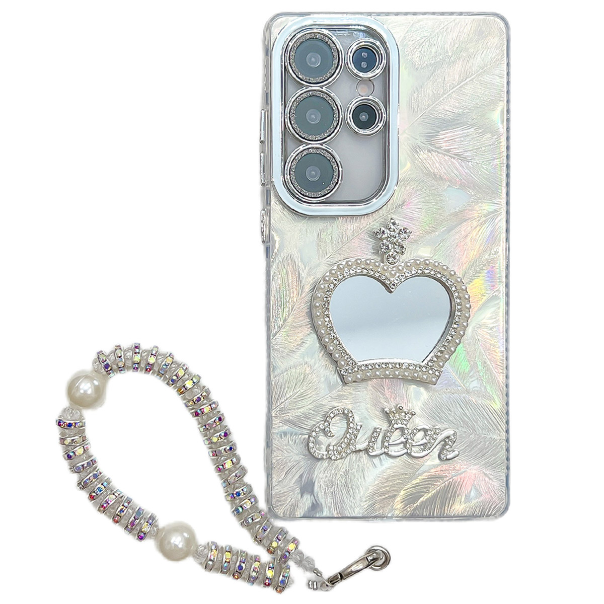 For Samsung Galaxy S25 Ultra Case with Strap / Mirror IMD PC + TPU Phone Cover with Glass Lens Film - Feather Pattern / Silver