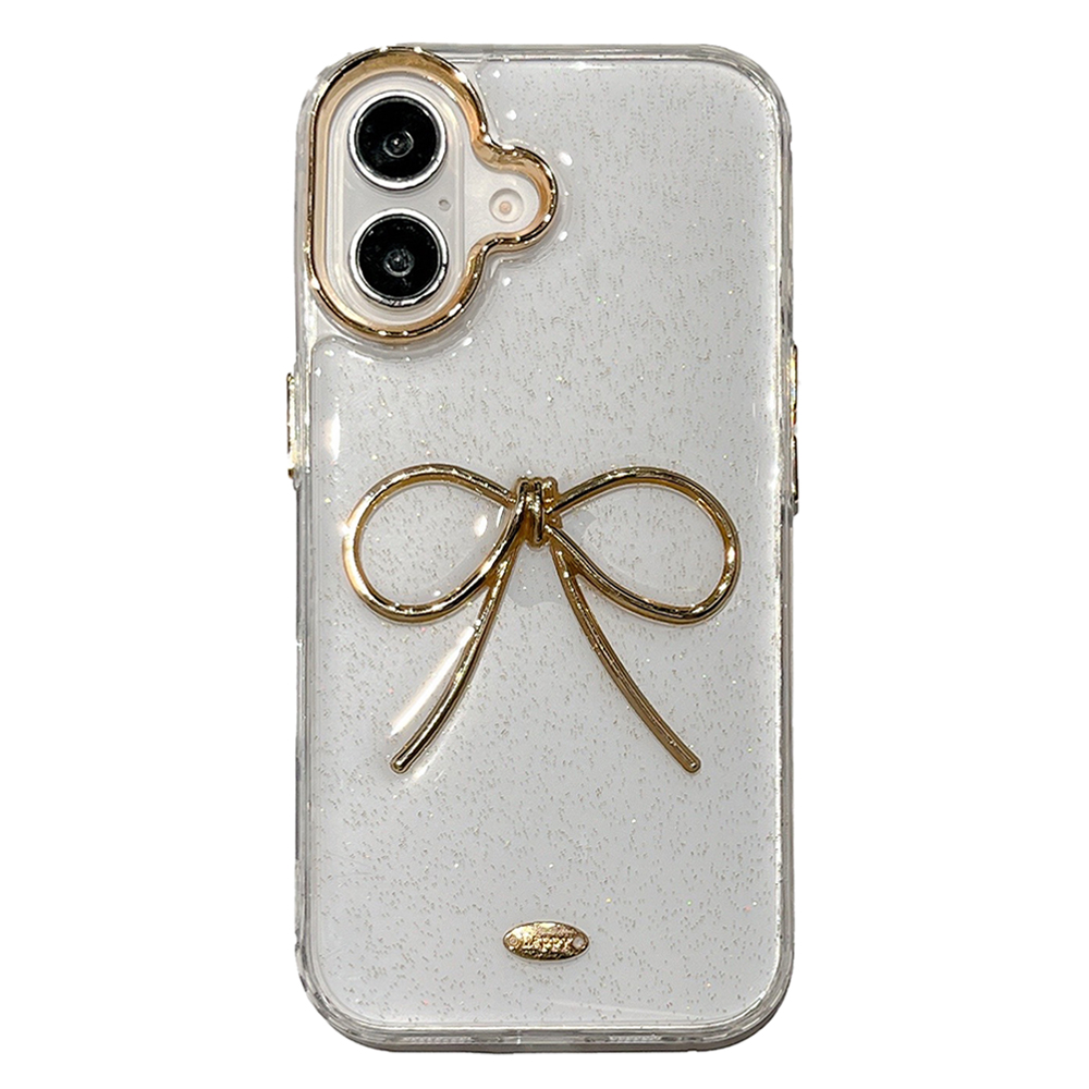 For iPhone 16 Case Gold Bow Epoxy Design TPU + PC Phone Back Cover