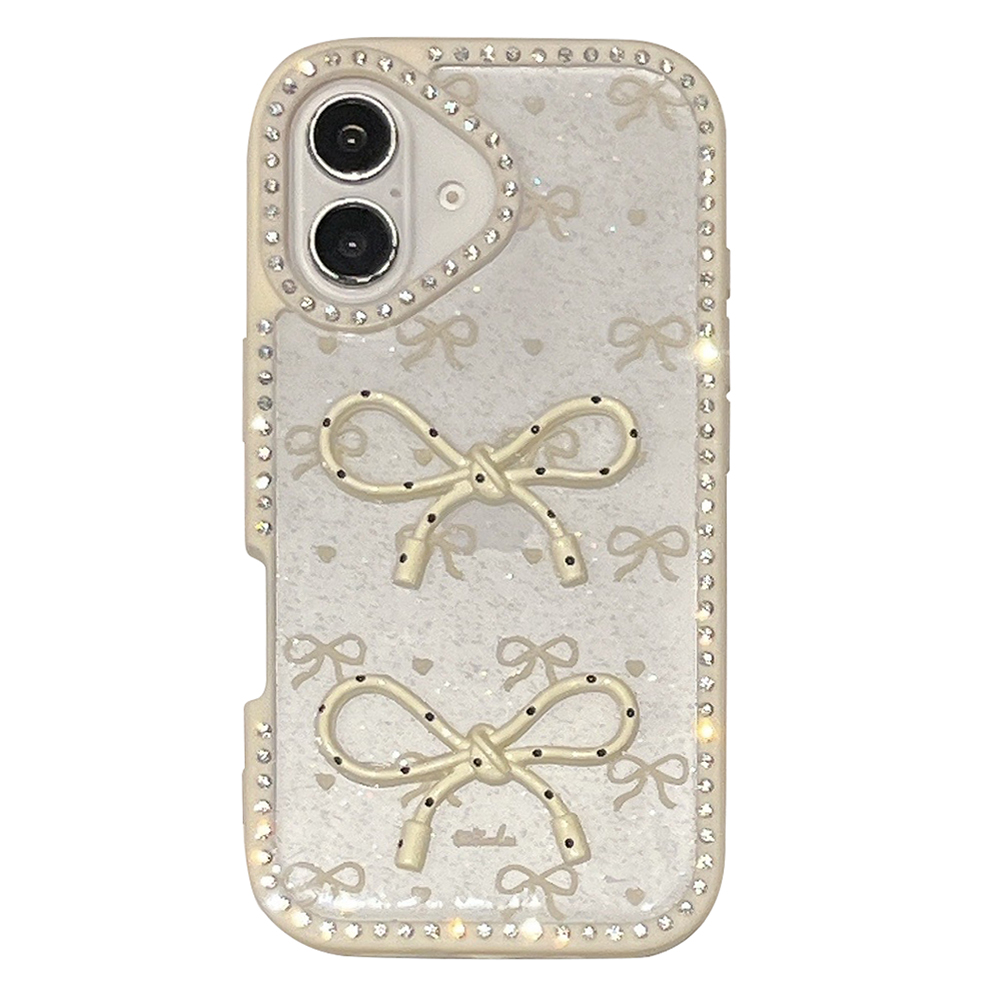 For iPhone 16 Case Two Bow Epoxy Design TPU + PC Phone Back Cover Rhinestone Decor - Beige