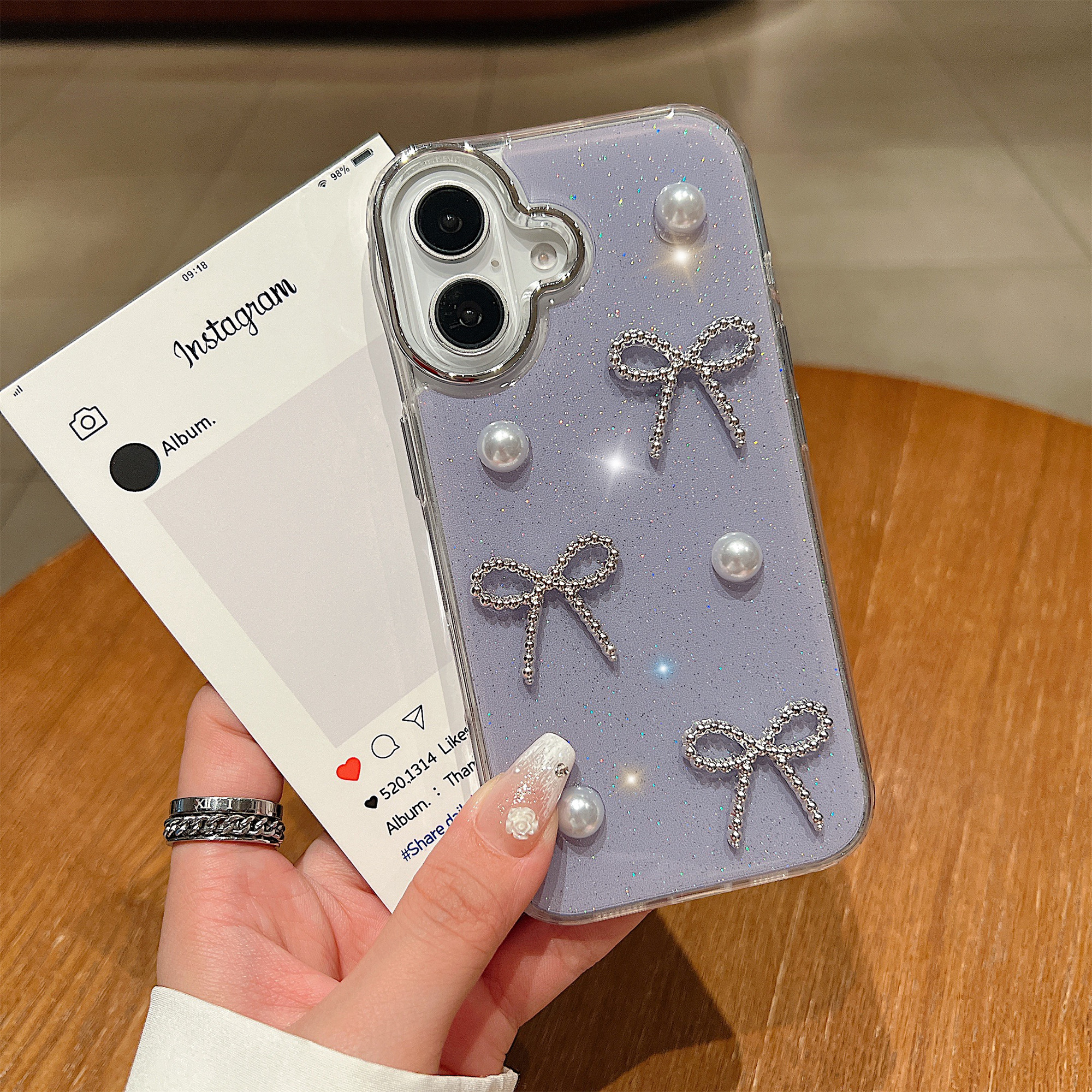 For iPhone 16 Case Pearl Bow Epoxy Design TPU + PC Phone Back Cover - Grey Blue