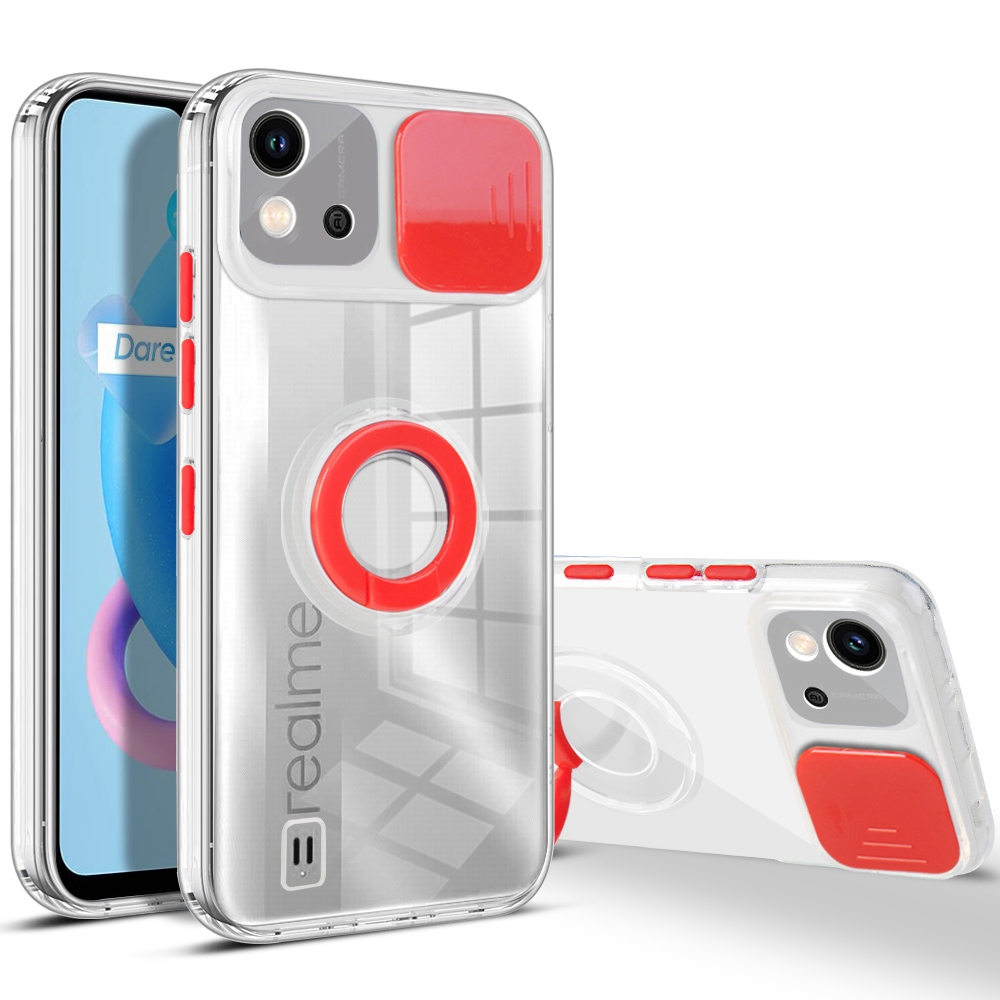 

Für Realme C20-kamera-schieberegler Deckung Drop-sof-hülle Color PC + Löschen Sie Die Tpu-telefon-rückseite Mit Ringkickstand - Rot, Realme C20
