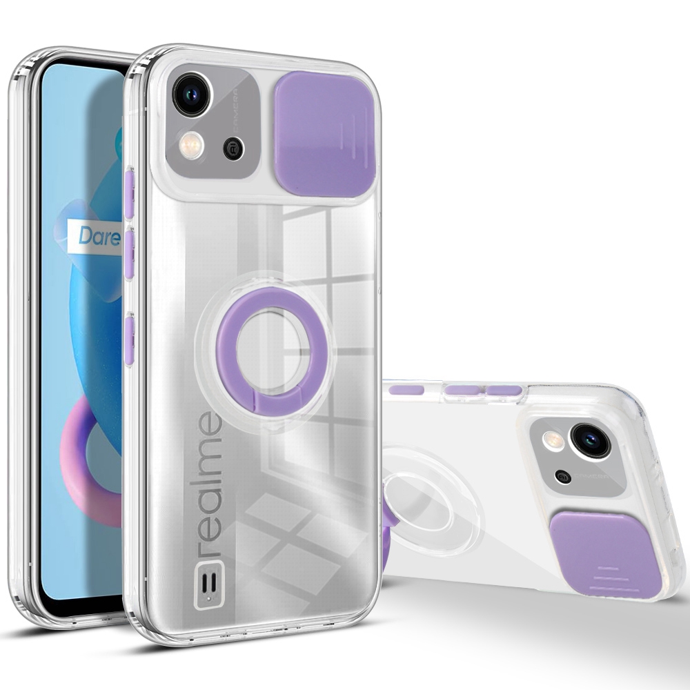 

Für Realme C20-kamera-schieberegler Deckung Drop-sof-hülle Color PC + Löschen Sie Die Tpu-telefon-rückseite Mit Ringkickstand - Violett, Realme C20