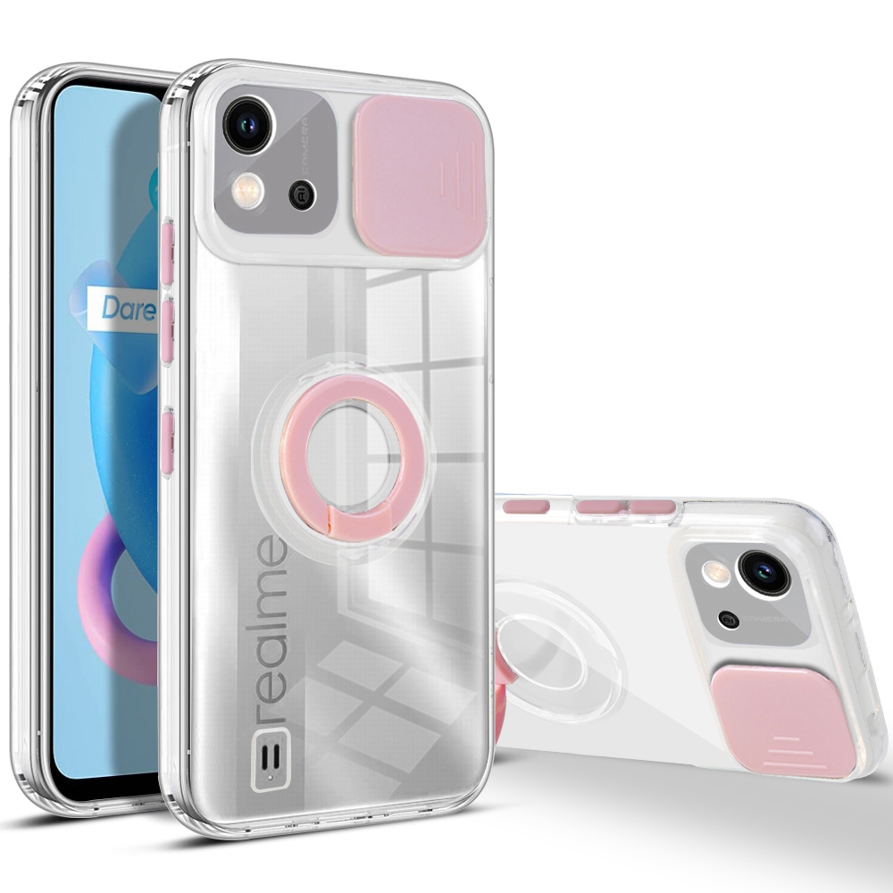 

Für Realme C20-kamera-schieberegler Deckung Drop-sof-hülle Color PC + Löschen Sie Die Tpu-telefon-rückseite Mit Ringkickstand - Rosa, Realme C20