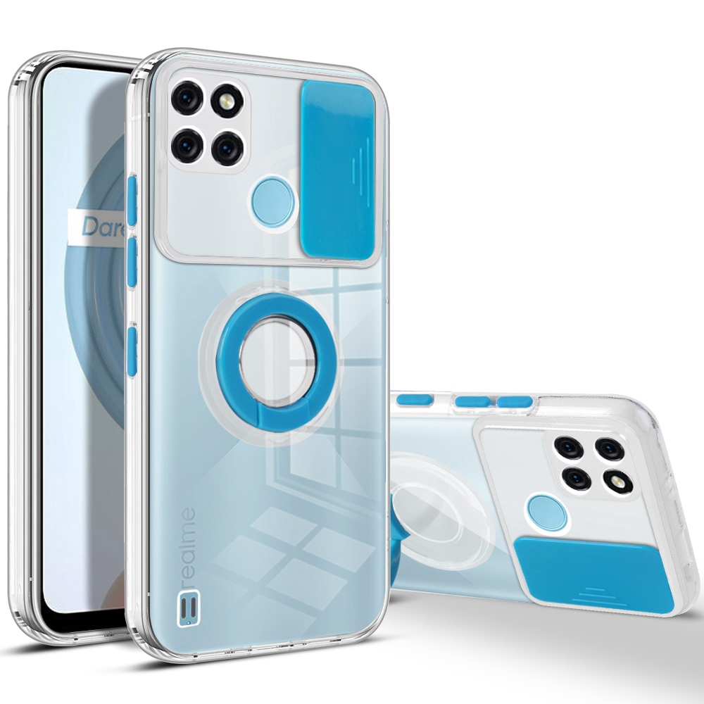 

Color PC + Tpu-telefonabdeckung Für Realme C21Y, Kamera-schieberegler-abdeckung Anti-drop-hülle Mit Ringstand - Blau, Realme C21Y