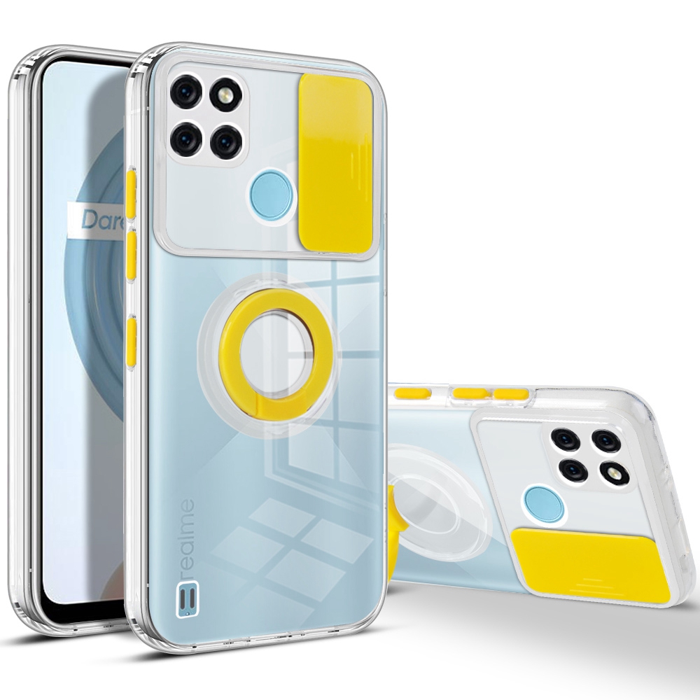 

Color PC + Tpu-telefonabdeckung Für Realme C21Y, Kamera-schieberegler-abdeckung Anti-drop-hülle Mit Ringstand - Gelb, Realme C21Y