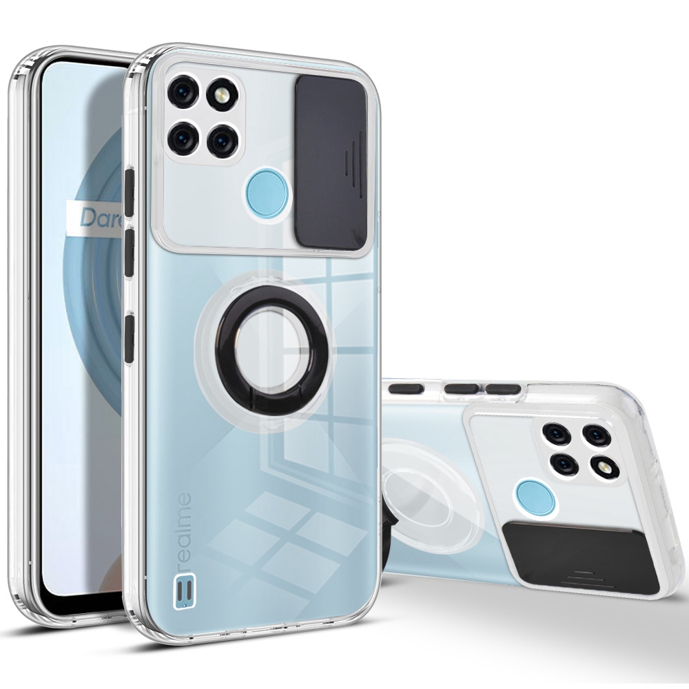 

Color PC + Tpu-telefonabdeckung Für Realme C21Y, Kamera-schieberegler-abdeckung Anti-drop-hülle Mit Ringstand - Schwarz, Realme C21Y