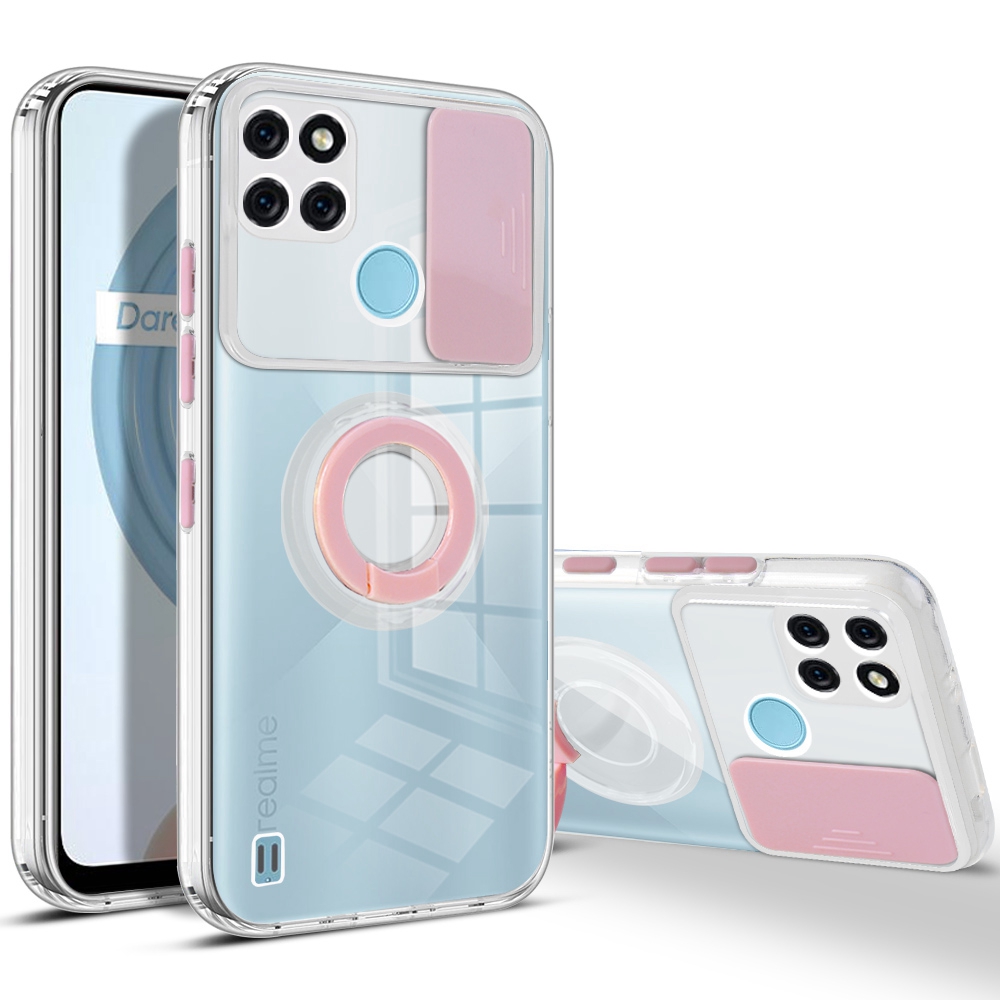 

Color PC + Tpu-telefonabdeckung Für Realme C21Y, Kamera-schieberegler-abdeckung Anti-drop-hülle Mit Ringstand - Rosa, Realme C21Y