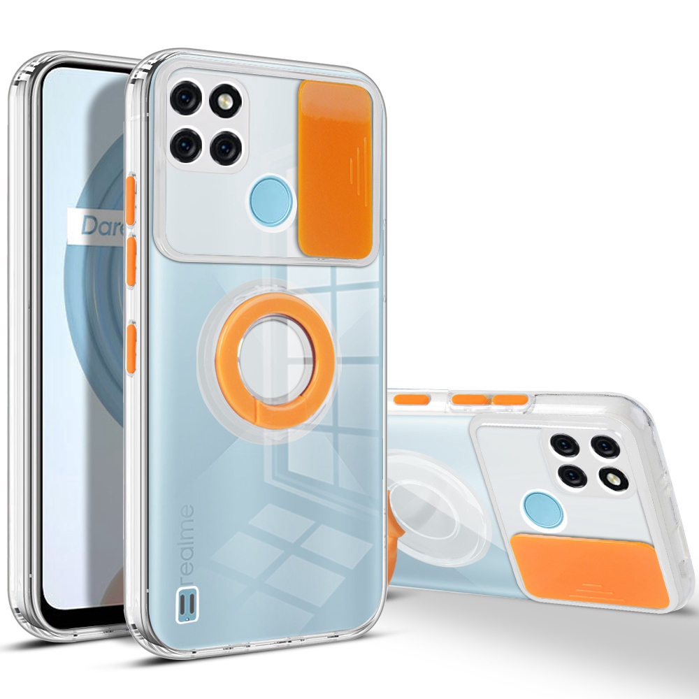 

Color PC + Tpu-telefonabdeckung Für Realme C21Y, Kamera-schieberegler-abdeckung Anti-drop-hülle Mit Ringstand - Orange, Realme C21Y