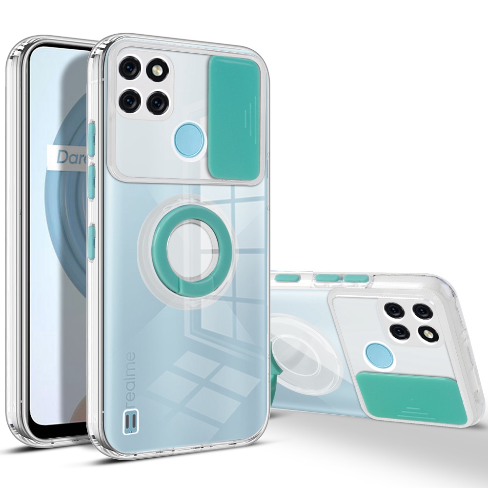 

Color PC + Tpu-telefonabdeckung Für Realme C21Y, Kamera-schieberegler-abdeckung Anti-drop-hülle Mit Ringstand - Minzgrün, Realme C21Y
