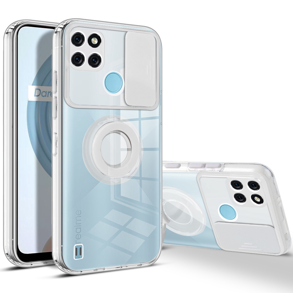 

Color PC + Tpu-telefonabdeckung Für Realme C21Y, Kamera-schieberegler-abdeckung Anti-drop-hülle Mit Ringstand - Weiß, Realme C21Y