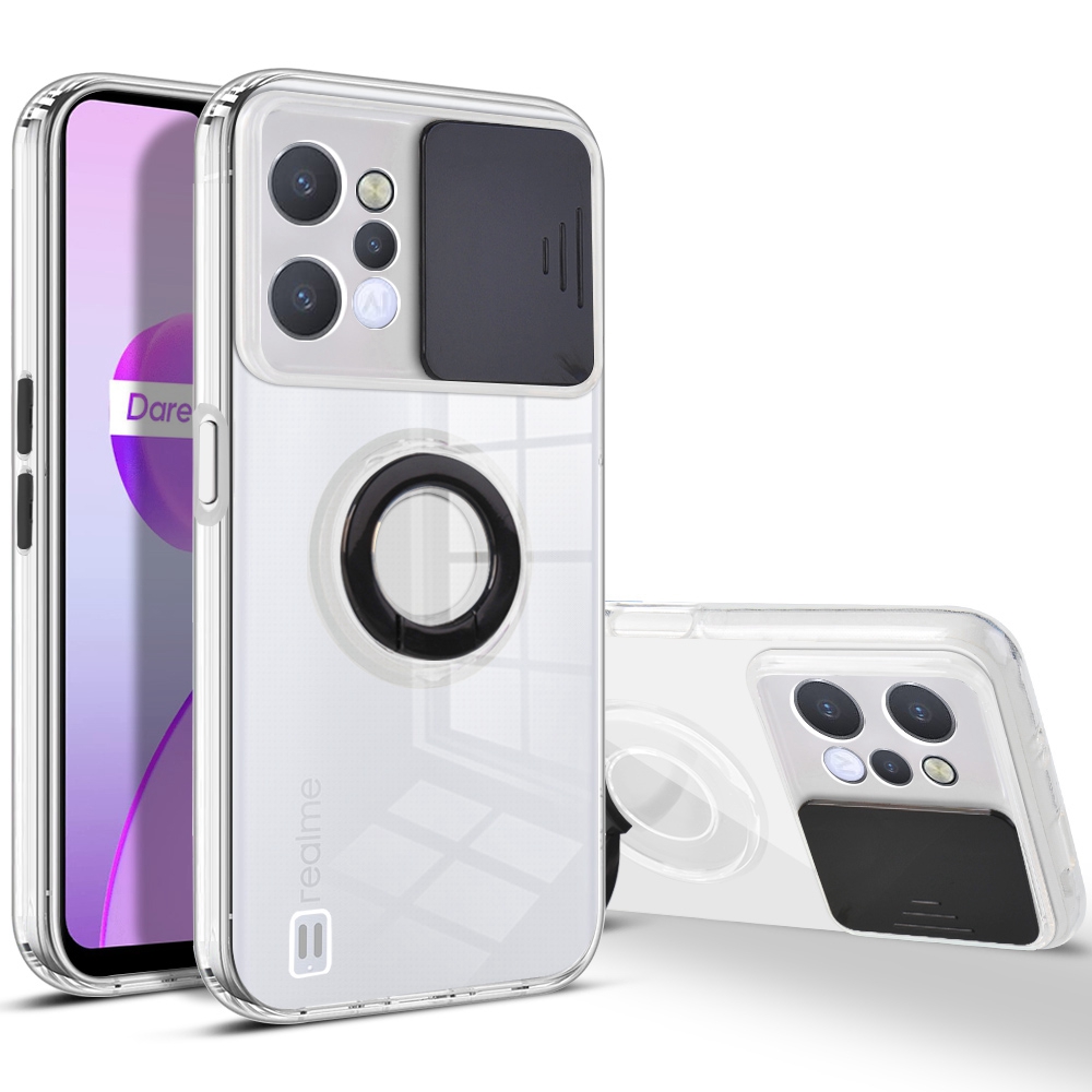 

Für Realme C31 Ring Kickstand Drop-proof Back Case Color PC + Clear Tpu-schutzabdeckung Mit Kamera-slider Deckel - Schwarz, Realme C31