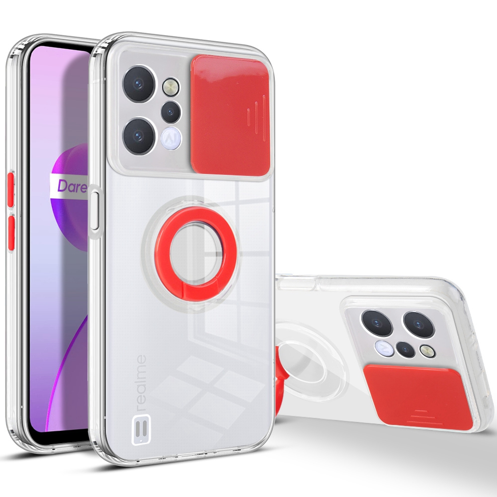 

Für Realme C31 Ring Kickstand Drop-proof Back Case Color PC + Clear Tpu-schutzabdeckung Mit Kamera-slider Deckel - Rot, Realme C31