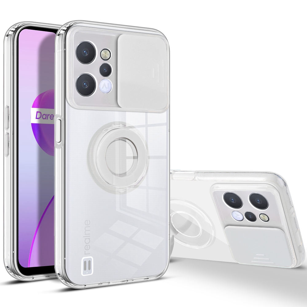 

Für Realme C31 Ring Kickstand Drop-proof Back Case Color PC + Clear Tpu-schutzabdeckung Mit Kamera-slider Deckel - Weiß, Realme C31