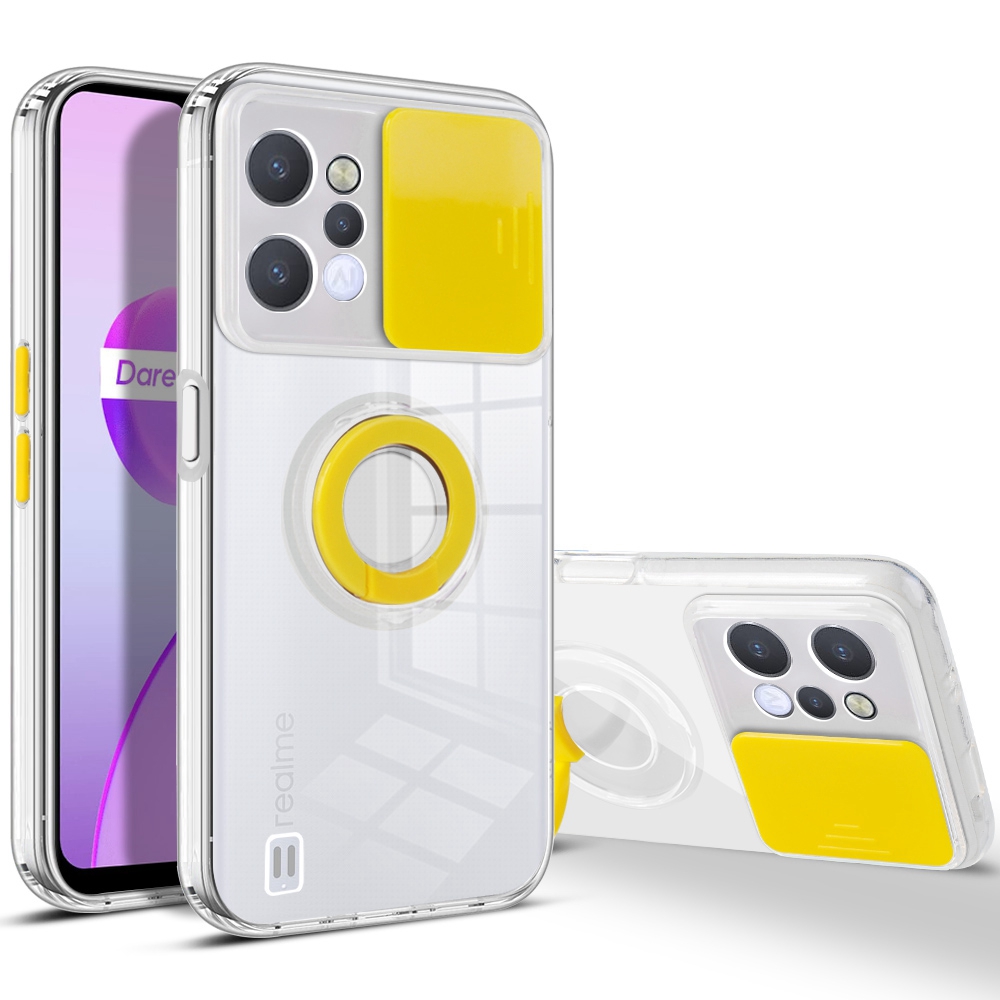 

Für Realme C31 Ring Kickstand Drop-proof Back Case Color PC + Clear Tpu-schutzabdeckung Mit Kamera-slider Deckel - Gelb, Realme C31