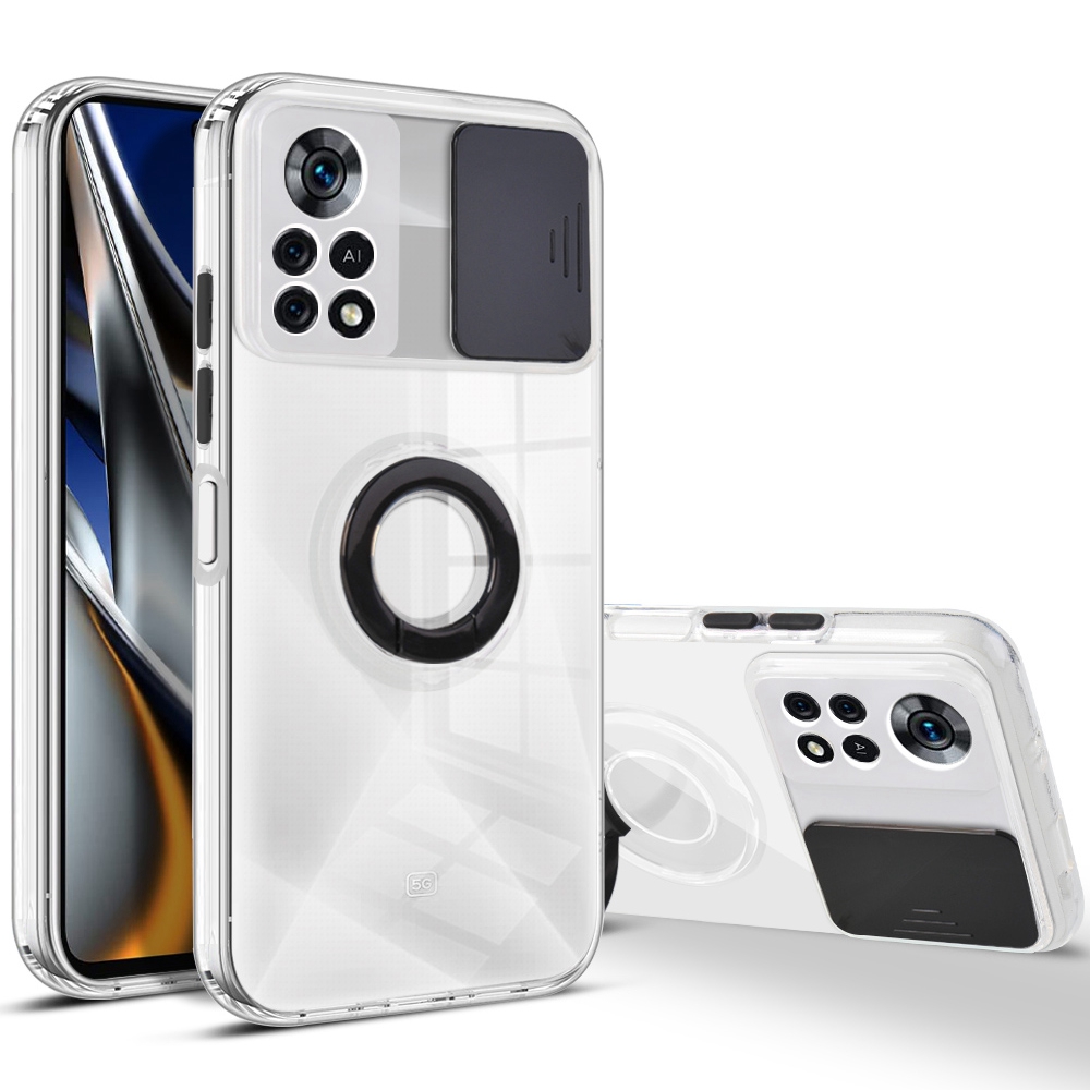 

Für Xiaomi Poco X4 Pro 5G TPU+PC Phone Protective Cover Ring Ring Kickstand Anti-drop-hülle Mit Farbkamera-schieberegler - Schwarz, Xiaomi Poco X4 Pro 5G