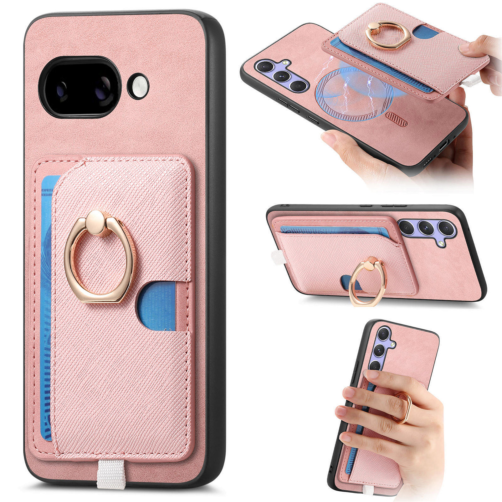 For Google Pixel 9a Case Ring Kickstand Leather + TPU + PC Phone Cover Detachable Card Holder - Pink