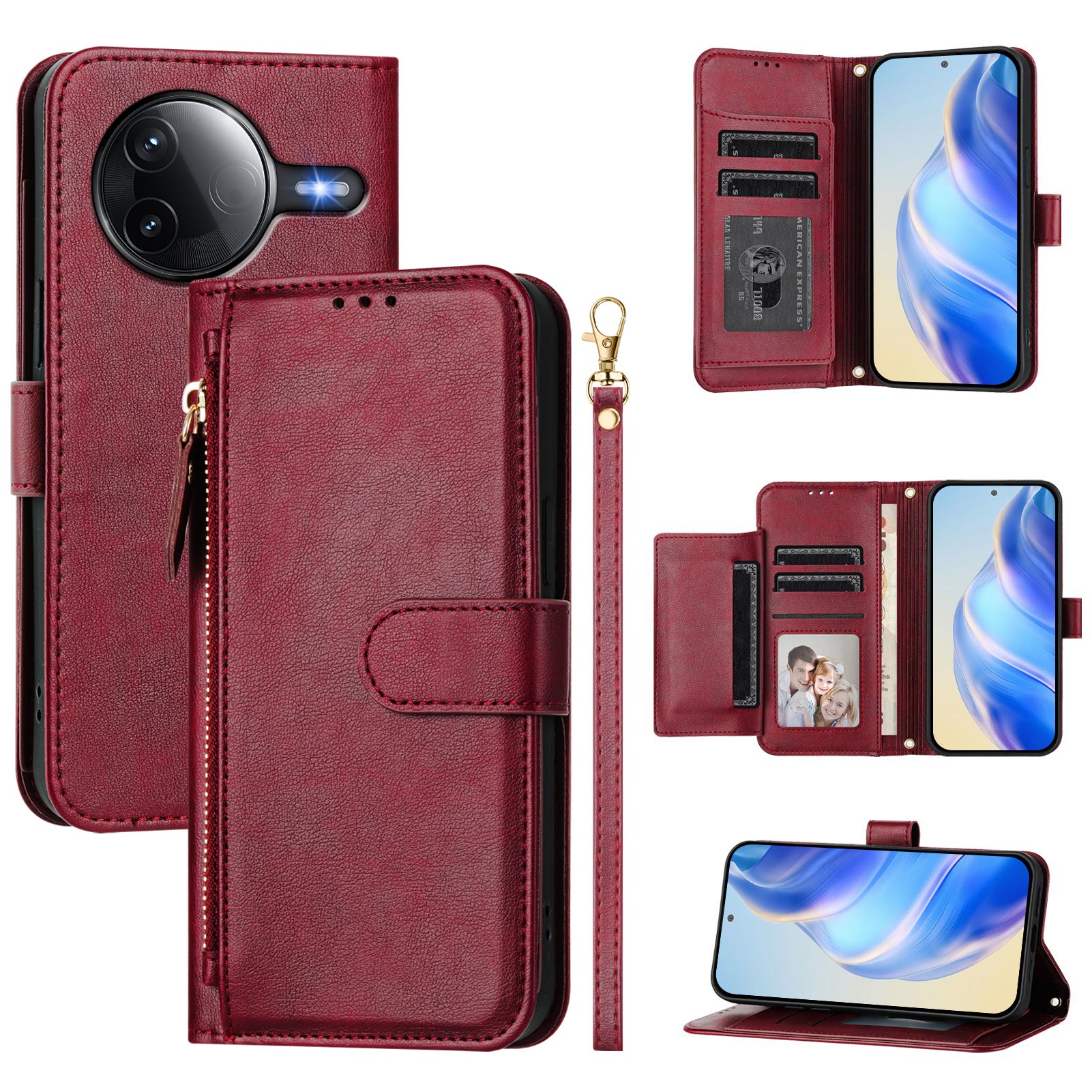For Xiaomi Poco F7 Pro 5G / Xiaomi Poco F7 Ultra 5G Case Zipper Pocket Multiple Card Slots Leather Phone Cover - Red