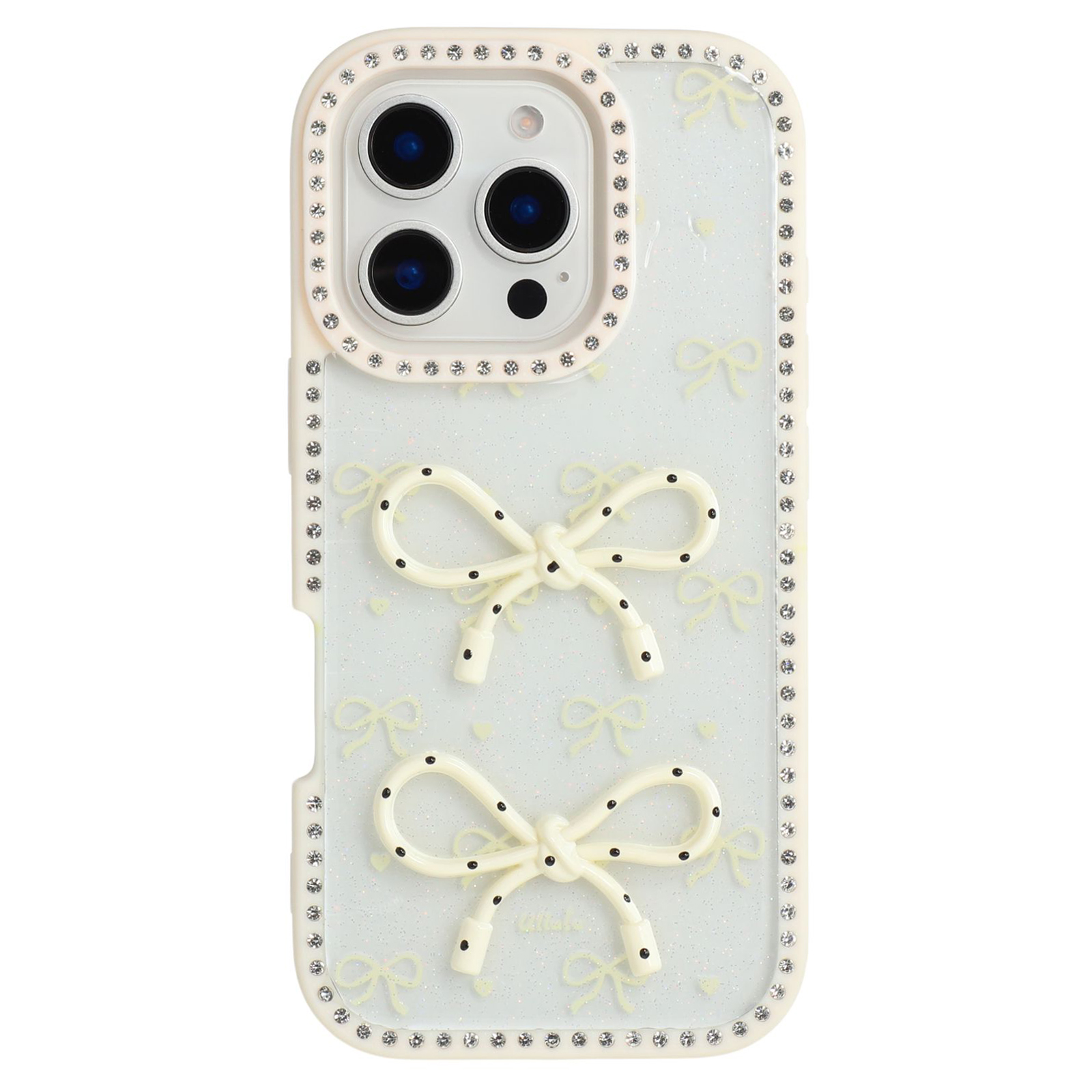 For iPhone 16 Pro Case Two Bow Epoxy Design TPU + PC Phone Back Cover Rhinestone Decor - Beige