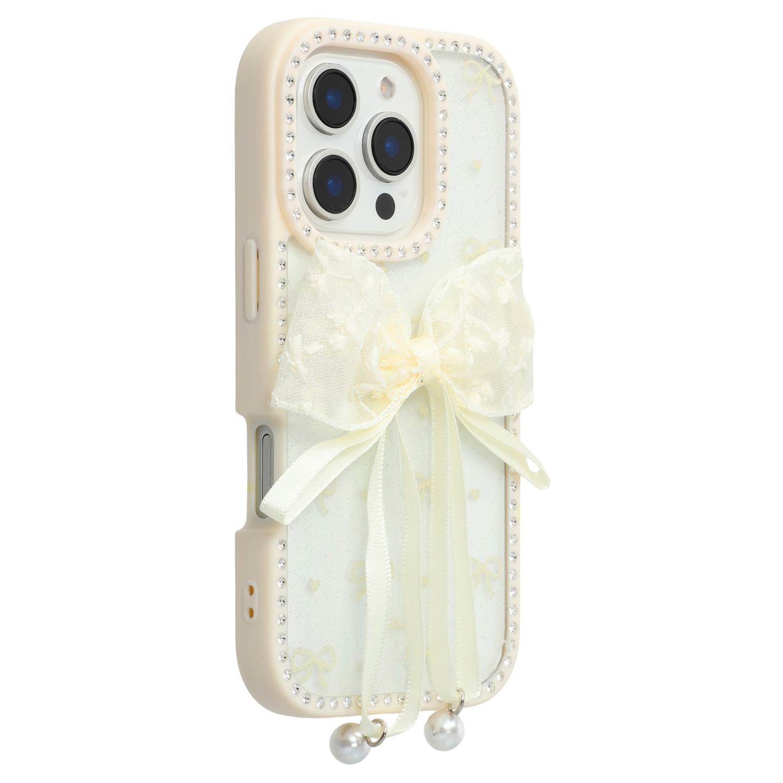 For iPhone 16 Pro Case Two Bow Epoxy Design TPU + PC Phone Back Cover Rhinestone Decor - Beige