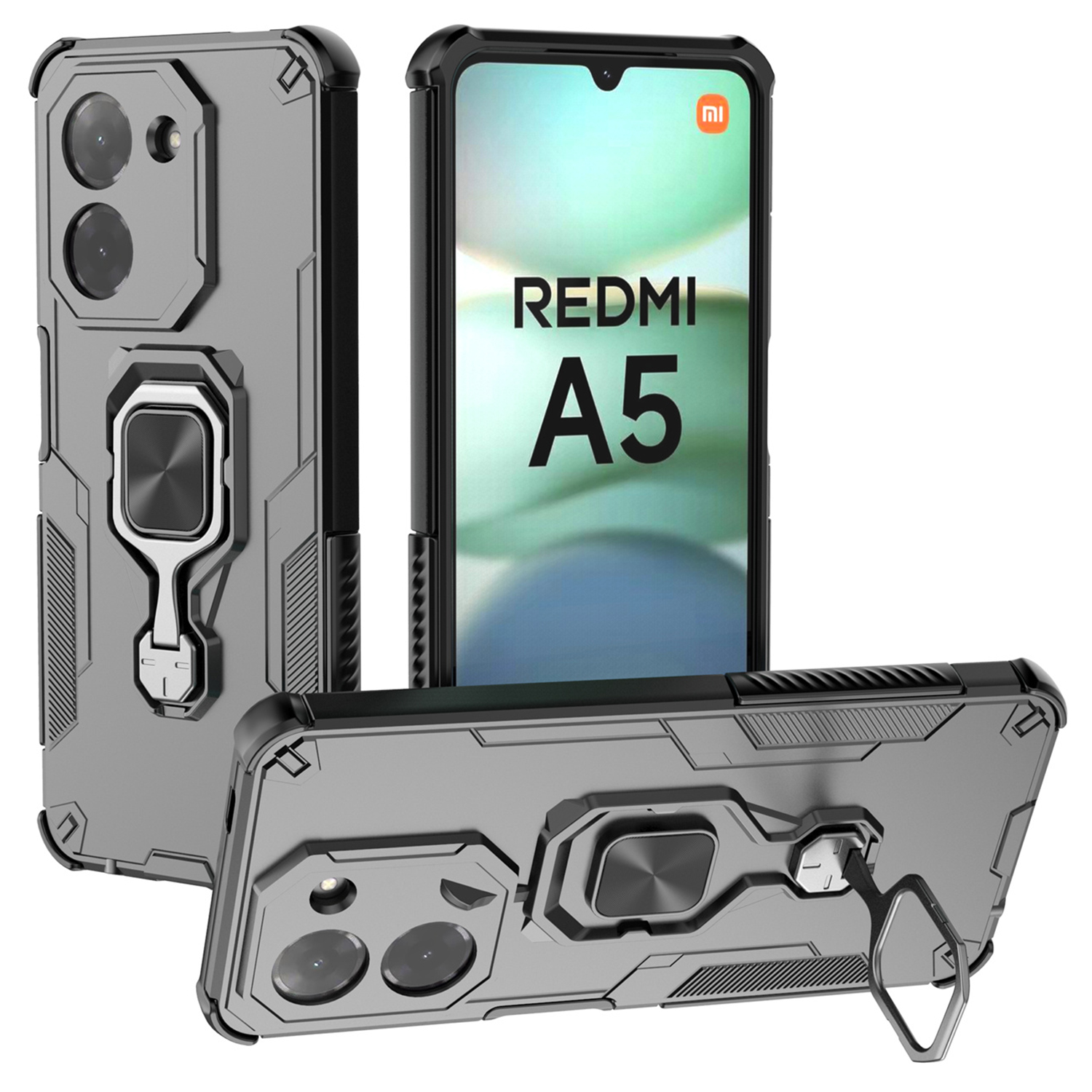For Xiaomi Redmi A5 4G (171.7mm) / Poco C71 4G Case Rotatable Ring Kickstand PC + TPU Shockproof Phone Cover - Black