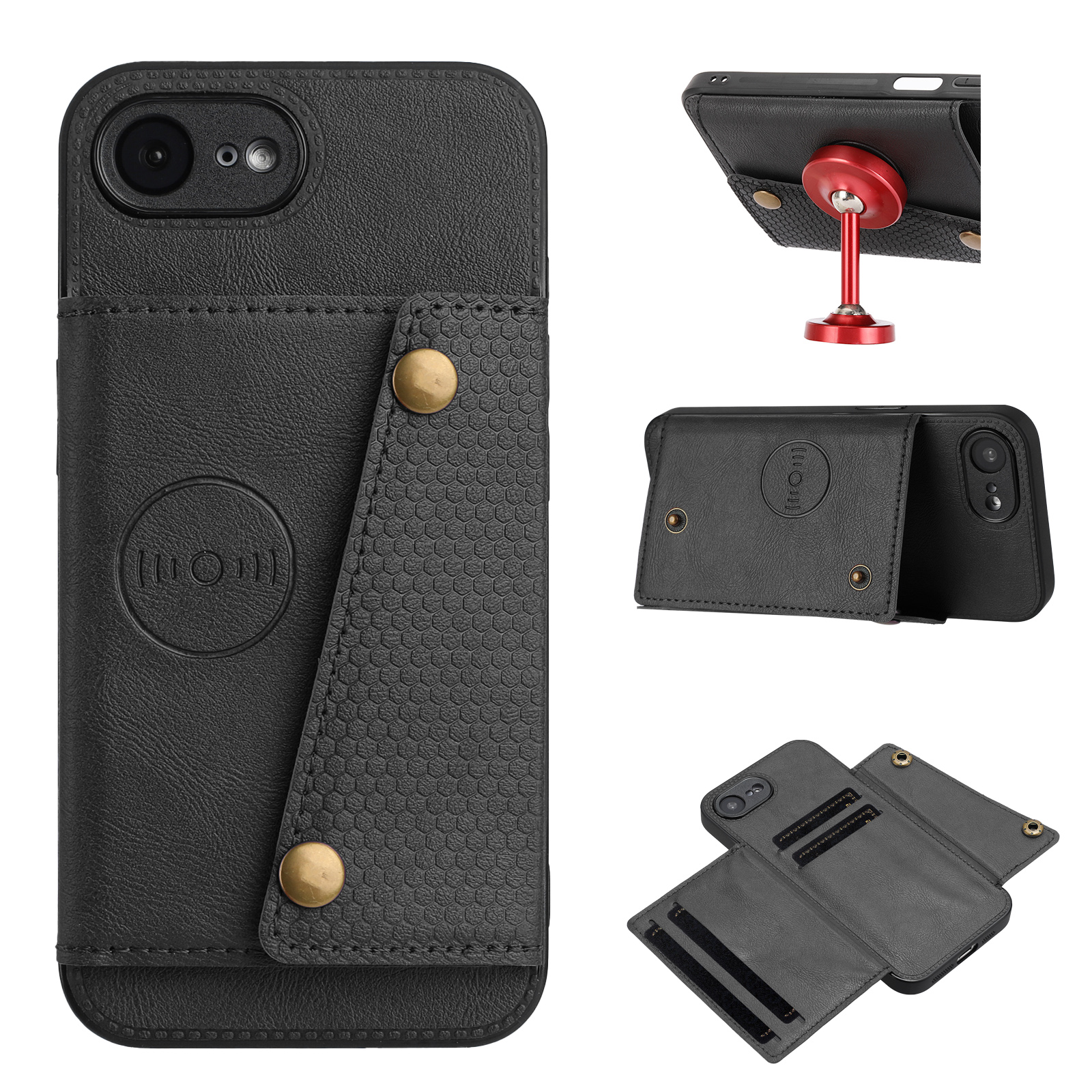 For iPhone 17e / 16e Case with Card Slots Kickstand Leather + TPU Phone Cover - Black