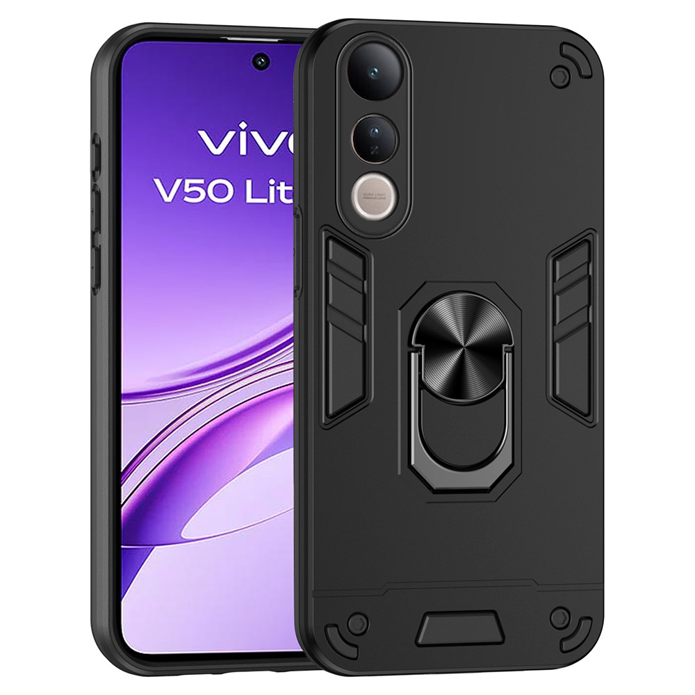 For vivo V50 Lite 4G Case PC + TPU Drop Defend Phone Cover with Ring Kickstand - Black