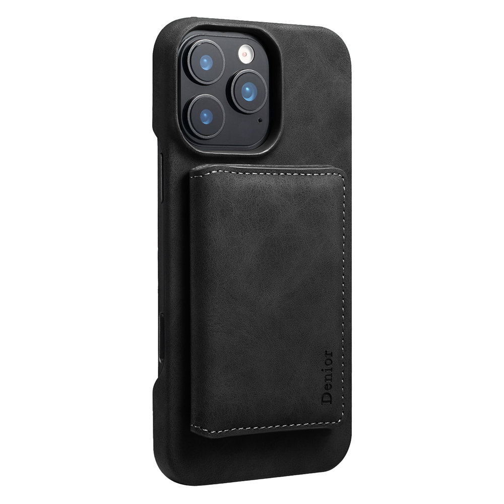 DENIOR D27 For iPhone 16 Pro Max Magnetic Case RFID Blocking Retro Leather Back Cover with Detachable Card Holder - Black