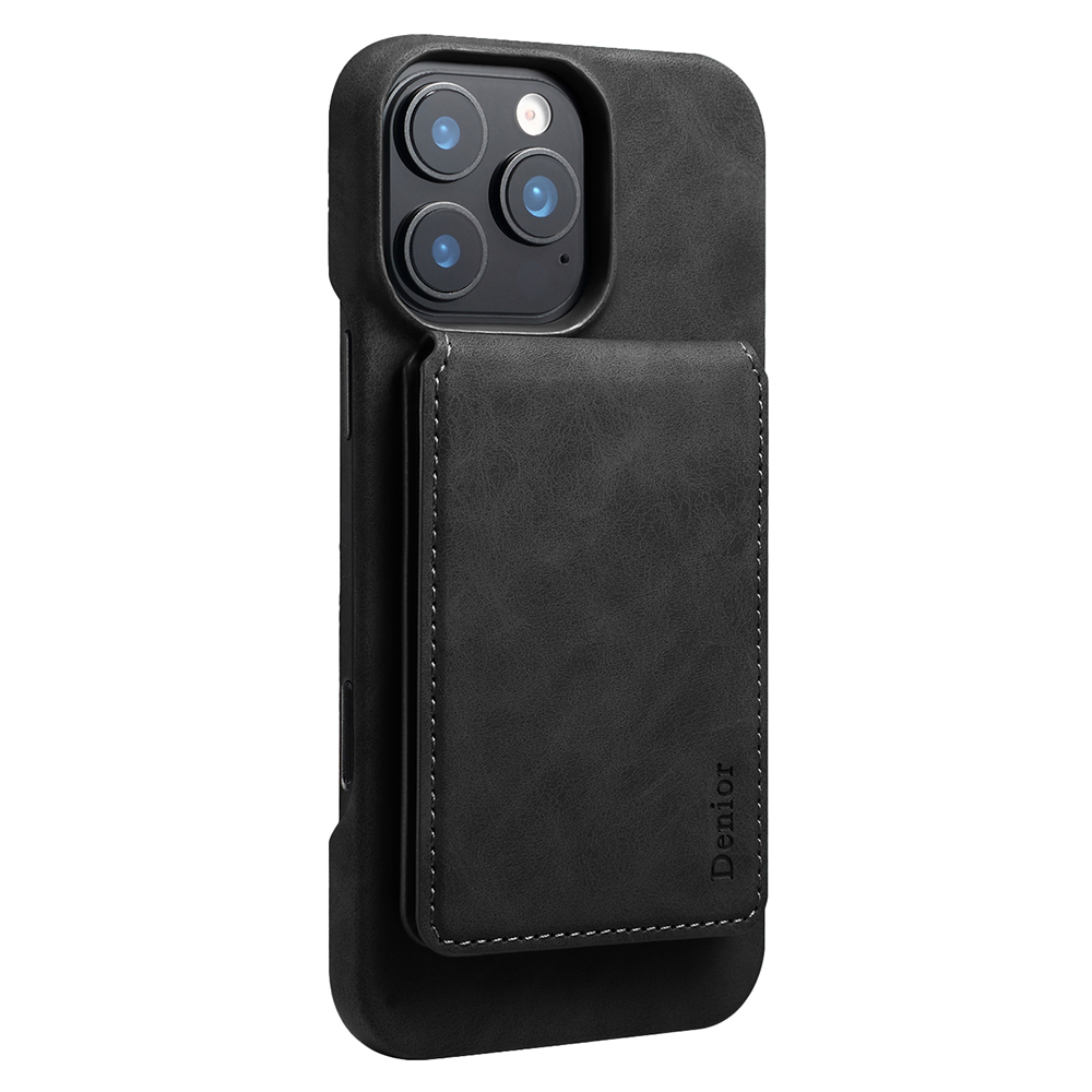 DENIOR D28 For iPhone 16 Pro Magnetic Case RFID Blocking Retro Leather Back Cover with Card Holder Kickstand - Black