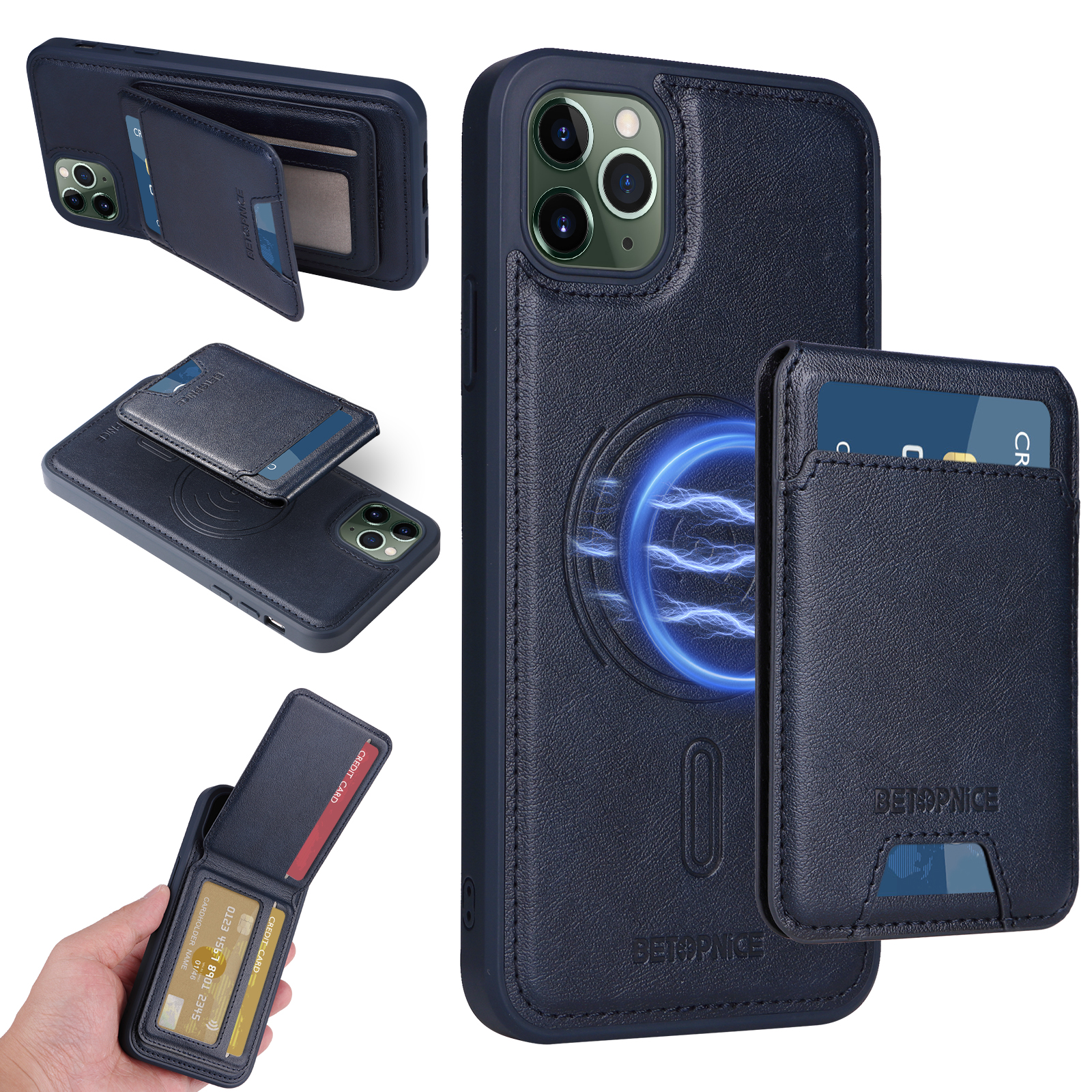 BETOPNICE For iPhone 11 Pro Max Magnetic Case  RFID Blocking Leather Phone Back Cover with Detachable Card Bag - Blue