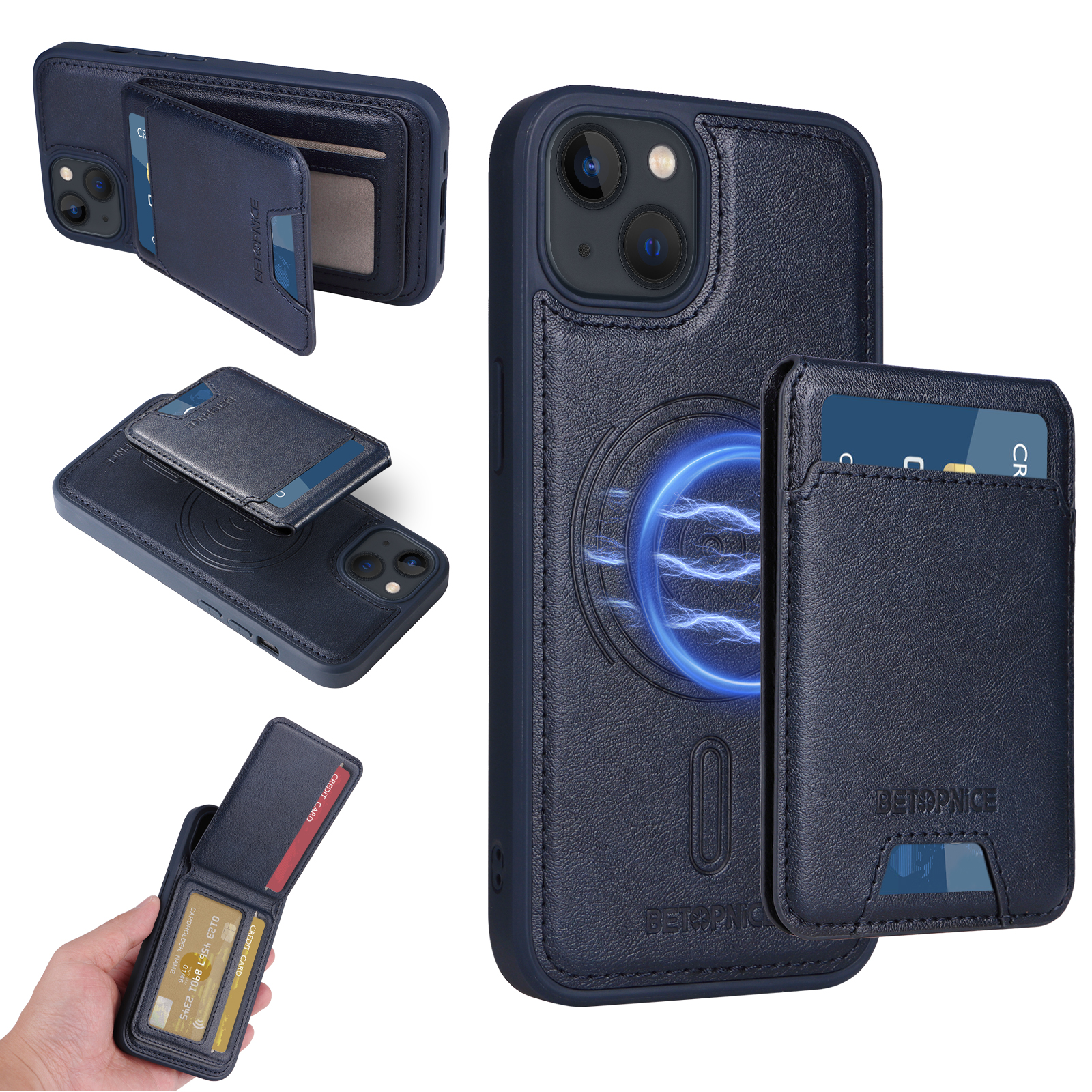 BETOPNICE For iPhone 14 / iPhone 13 6.1 inch Magnetic Case  RFID Blocking Leather Phone Back Cover with Detachable Card Bag - Blue