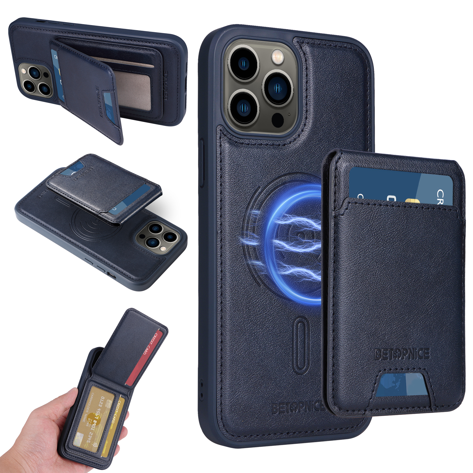 BETOPNICE For iPhone 13 Pro Max 6.7 inch Magnetic Case  RFID Blocking Leather Phone Back Cover with Detachable Card Bag - Blue