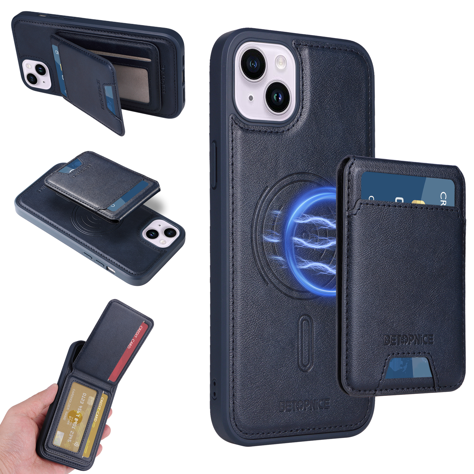 BETOPNICE For iPhone 14 Plus Magnetic Case  RFID Blocking Leather Phone Back Cover with Detachable Card Bag - Blue